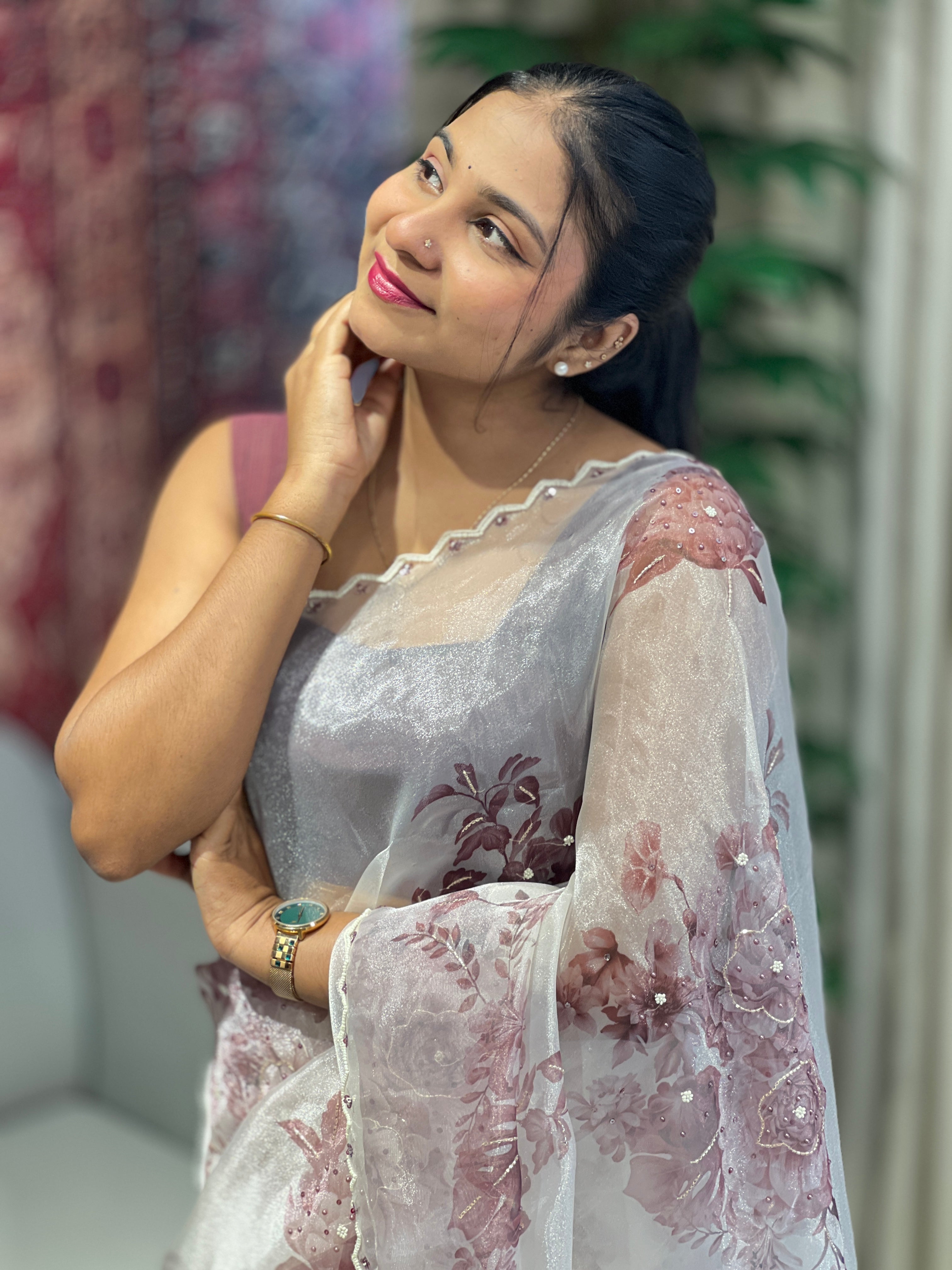 Floral Digital Print With Beads Highlighted Glass Organza Saree | BLD1757