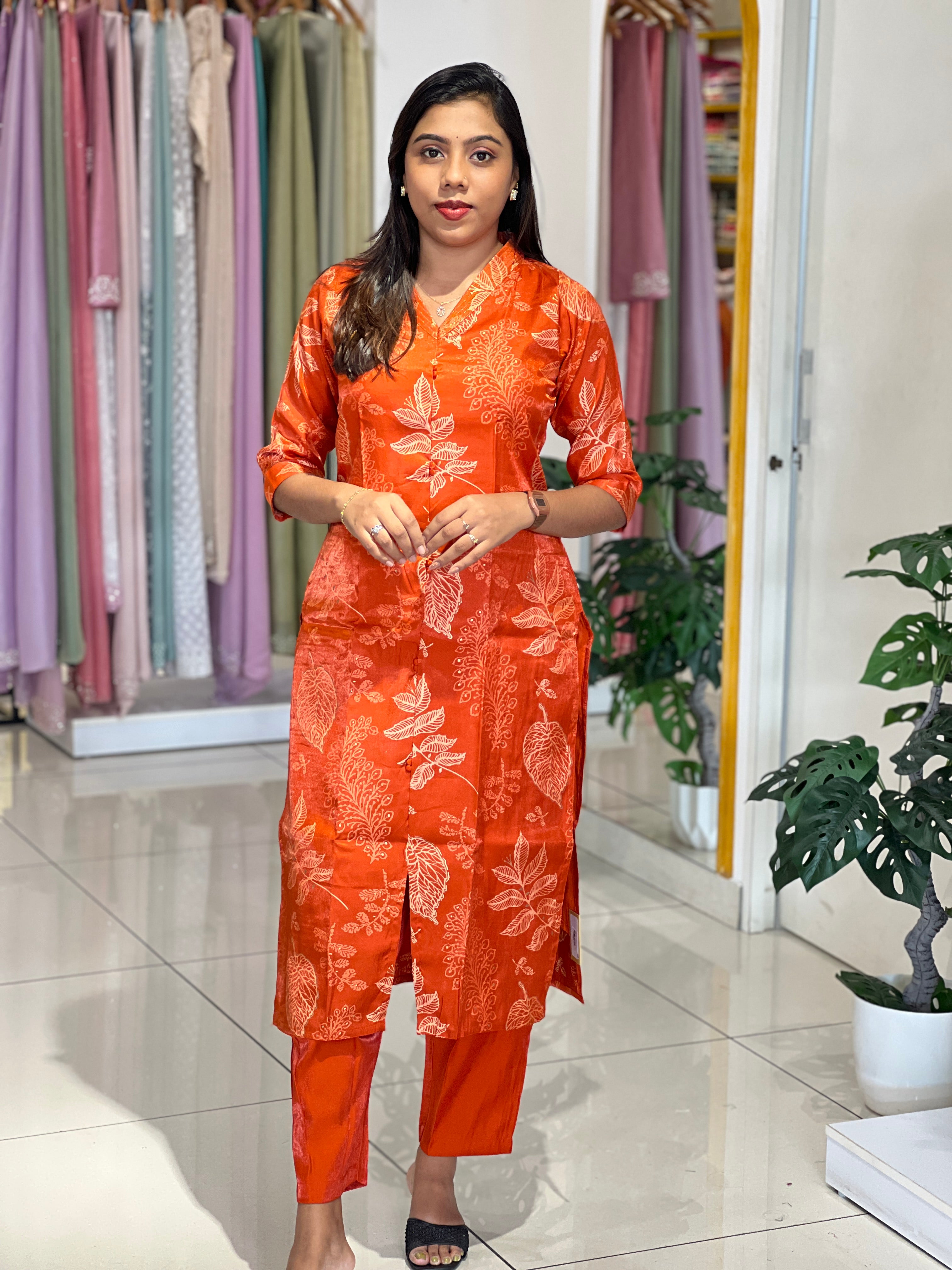 Floral Print & Foil Paint Detailing Semi Silk Kurta Set |MSN225