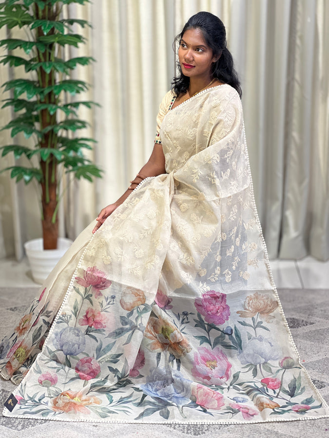 Floral Embroidery With Print Detailed Supernet Kota Tissue Saree | KSD260