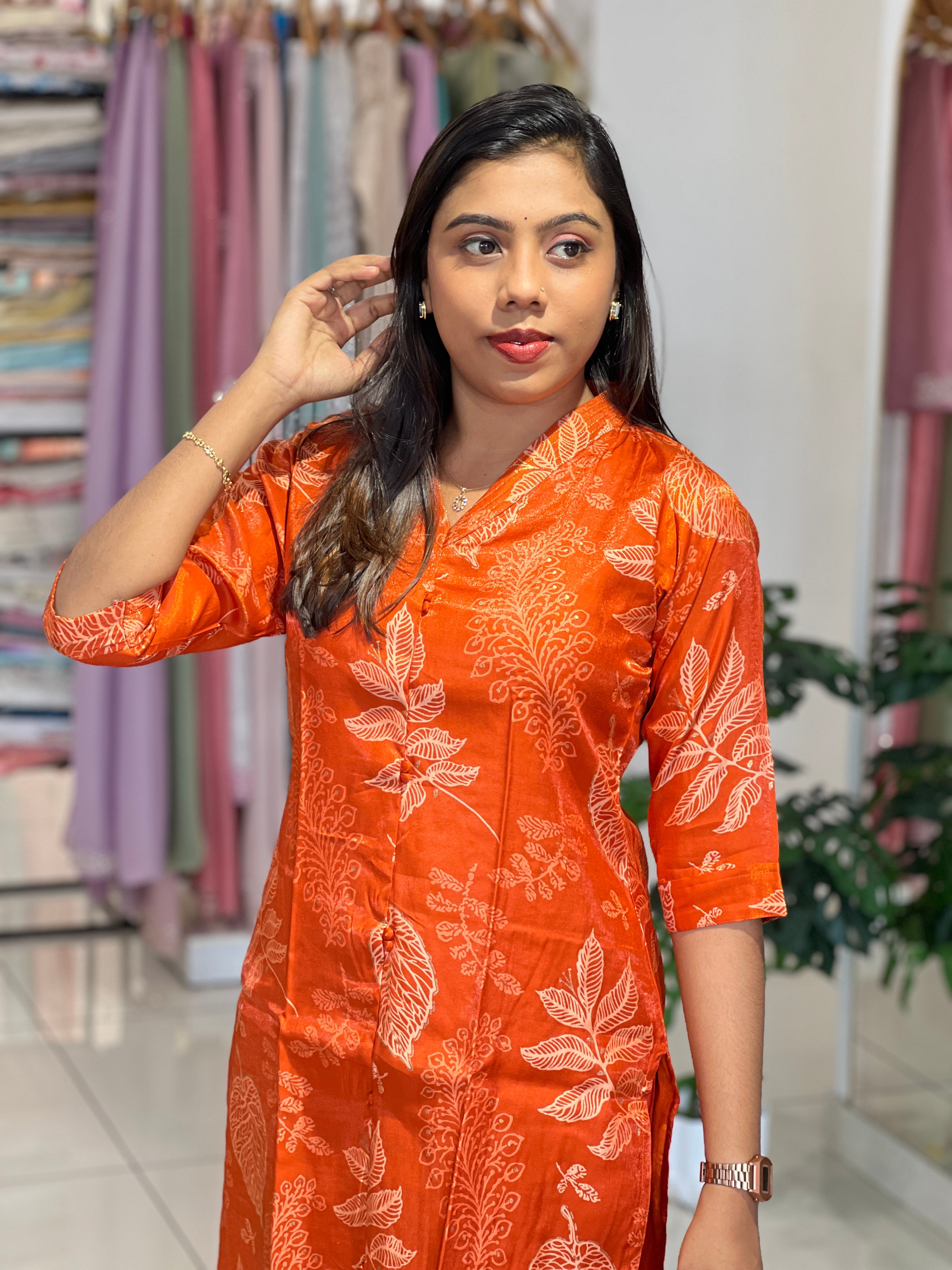 Floral Print & Foil Paint Detailing Semi Silk Kurta Set |MSN225