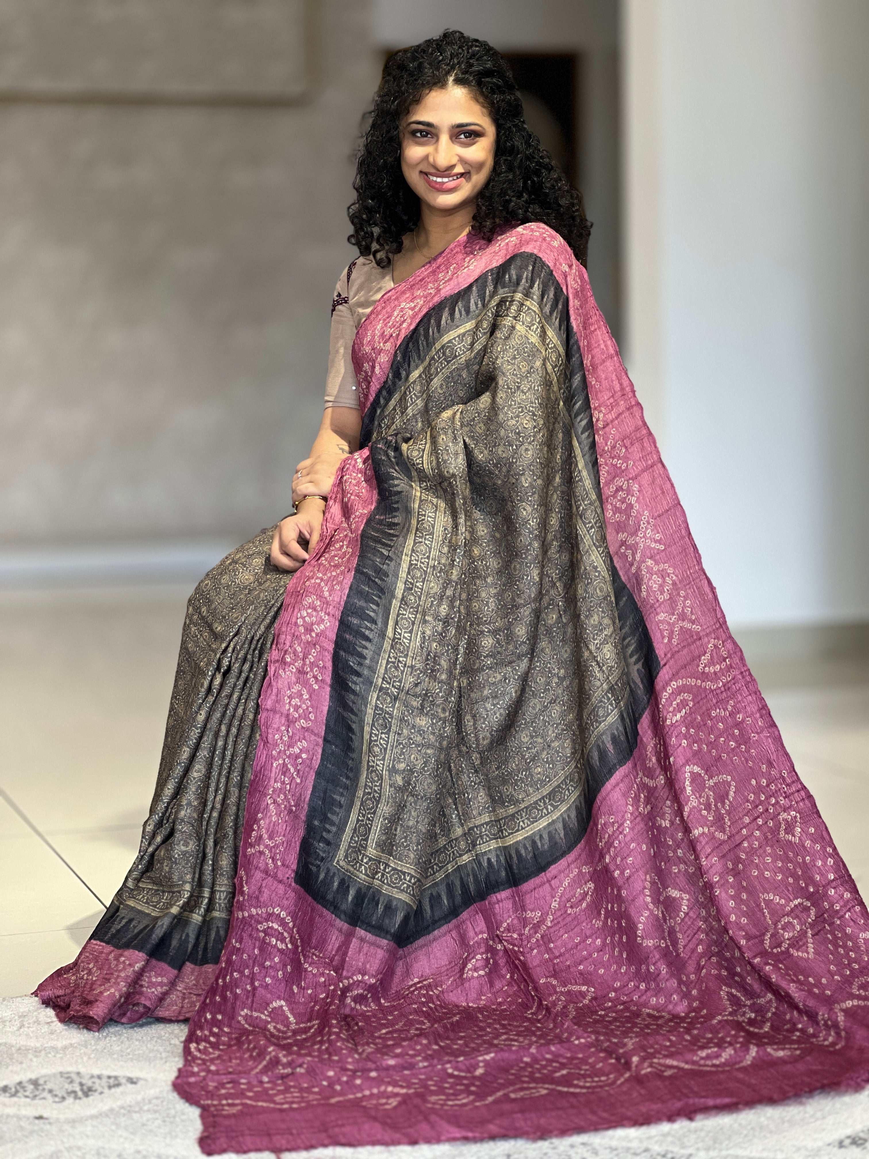 Ajrak Patterned Pure Desi Tussar Saree | RGD463