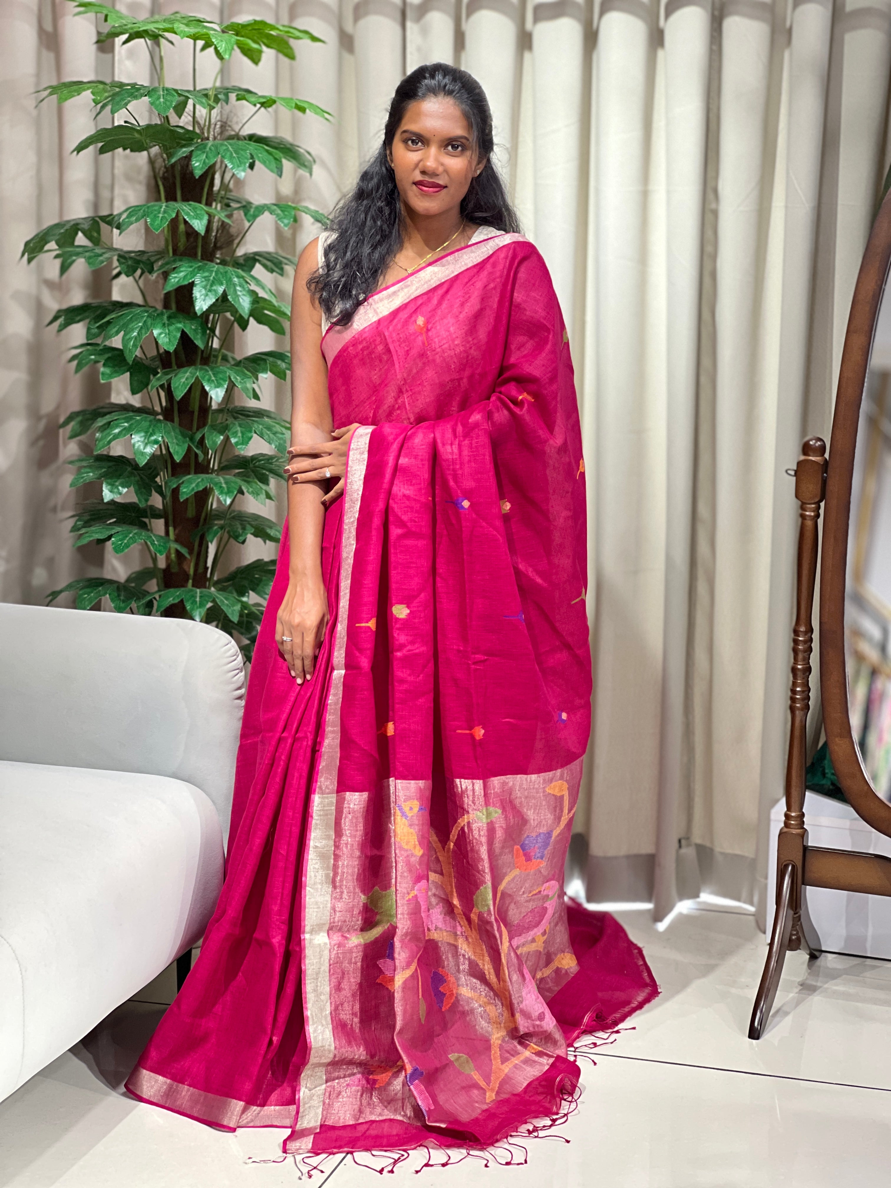 Thread Weaved Pure Linen Saree | EVA125