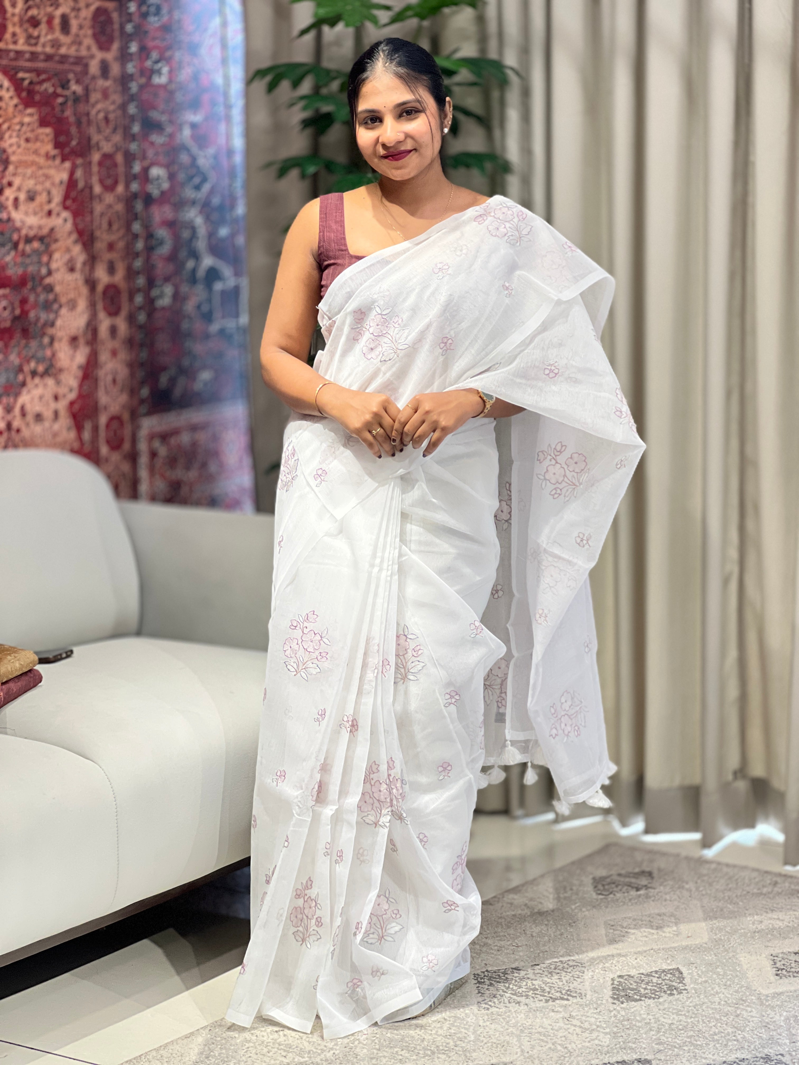 Floral Cross Stitch and Machine Embroidery Supernet Kota Saree | YNG916