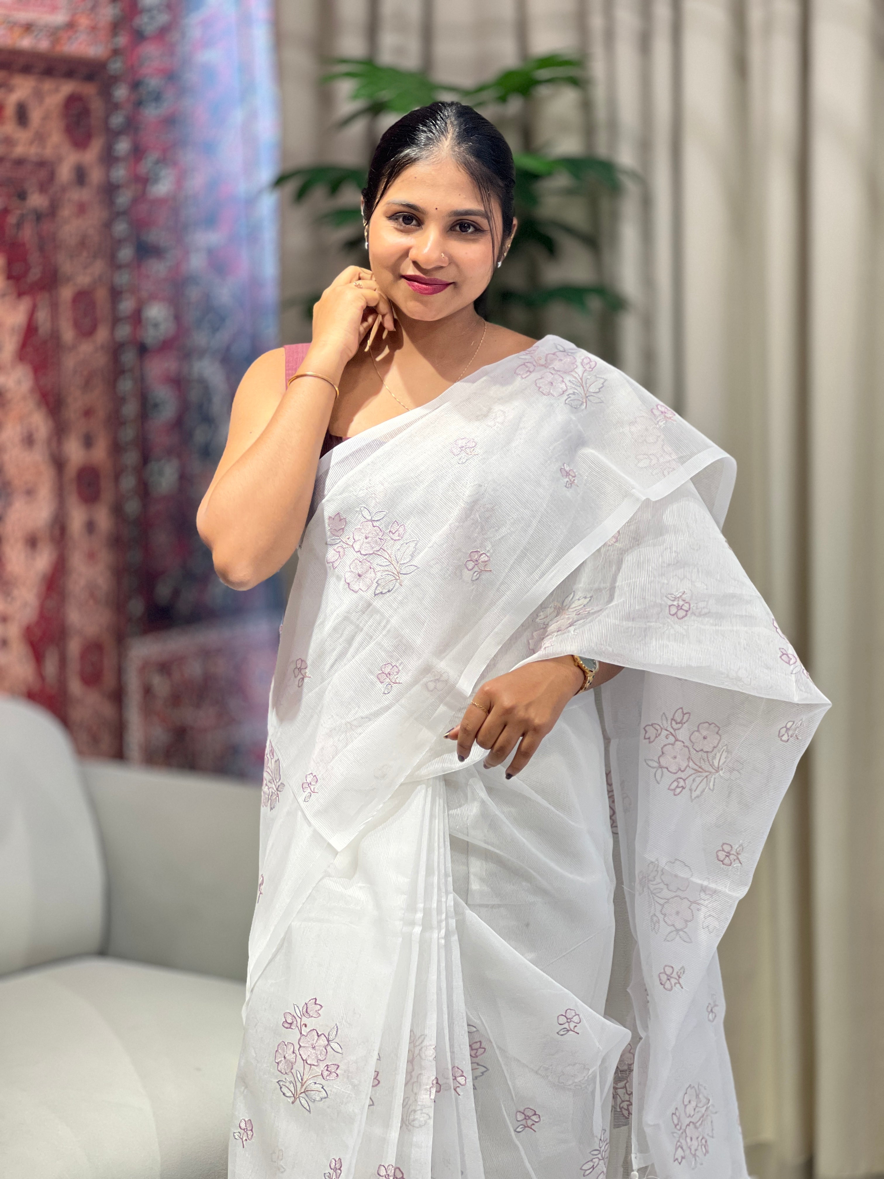 Floral Cross Stitch and Machine Embroidery Supernet Kota Saree | YNG916