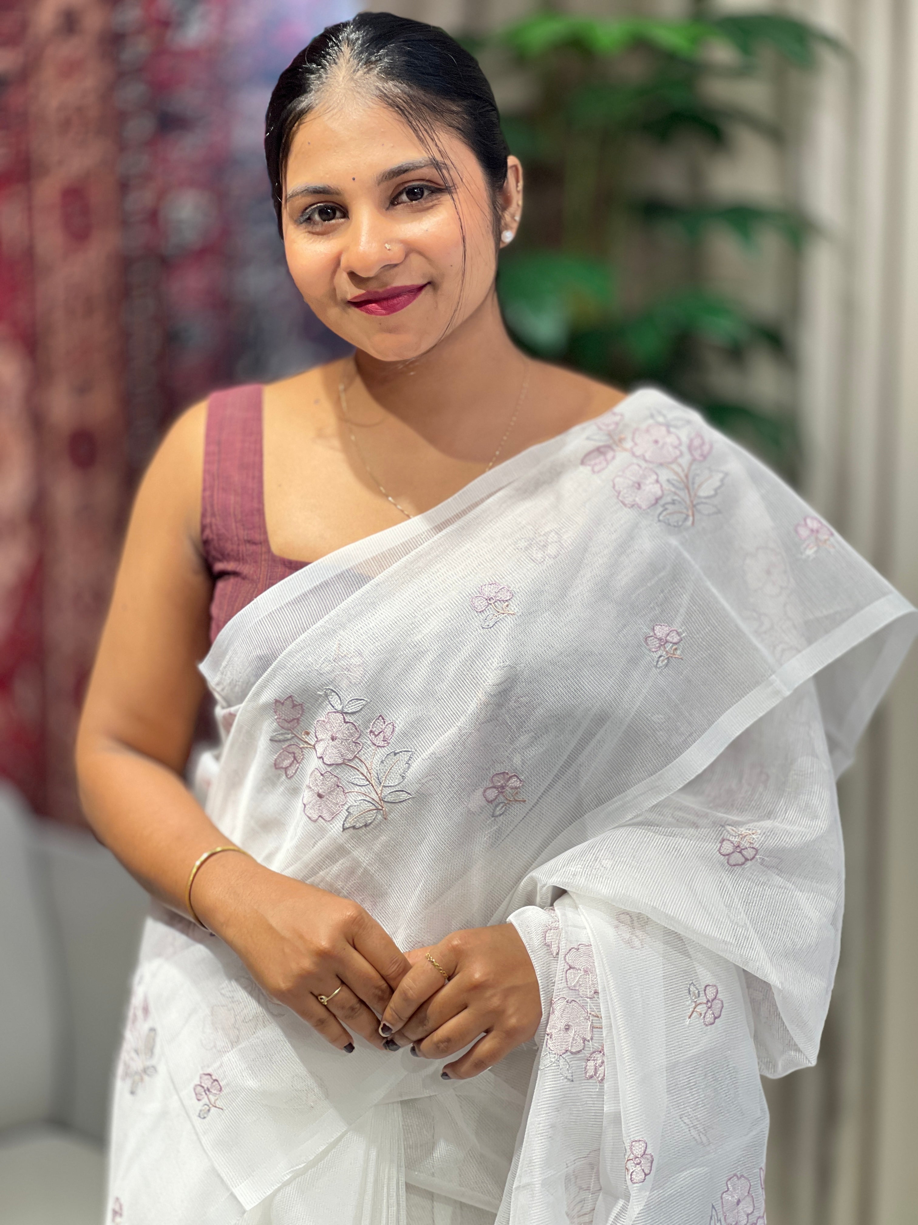 Floral Cross Stitch and Machine Embroidery Supernet Kota Saree | YNG916