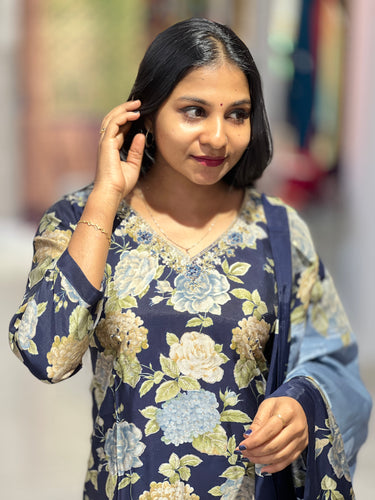 Floral Print With Hand Embroidery Detailed Muslin Finish Kurta Set | FW286