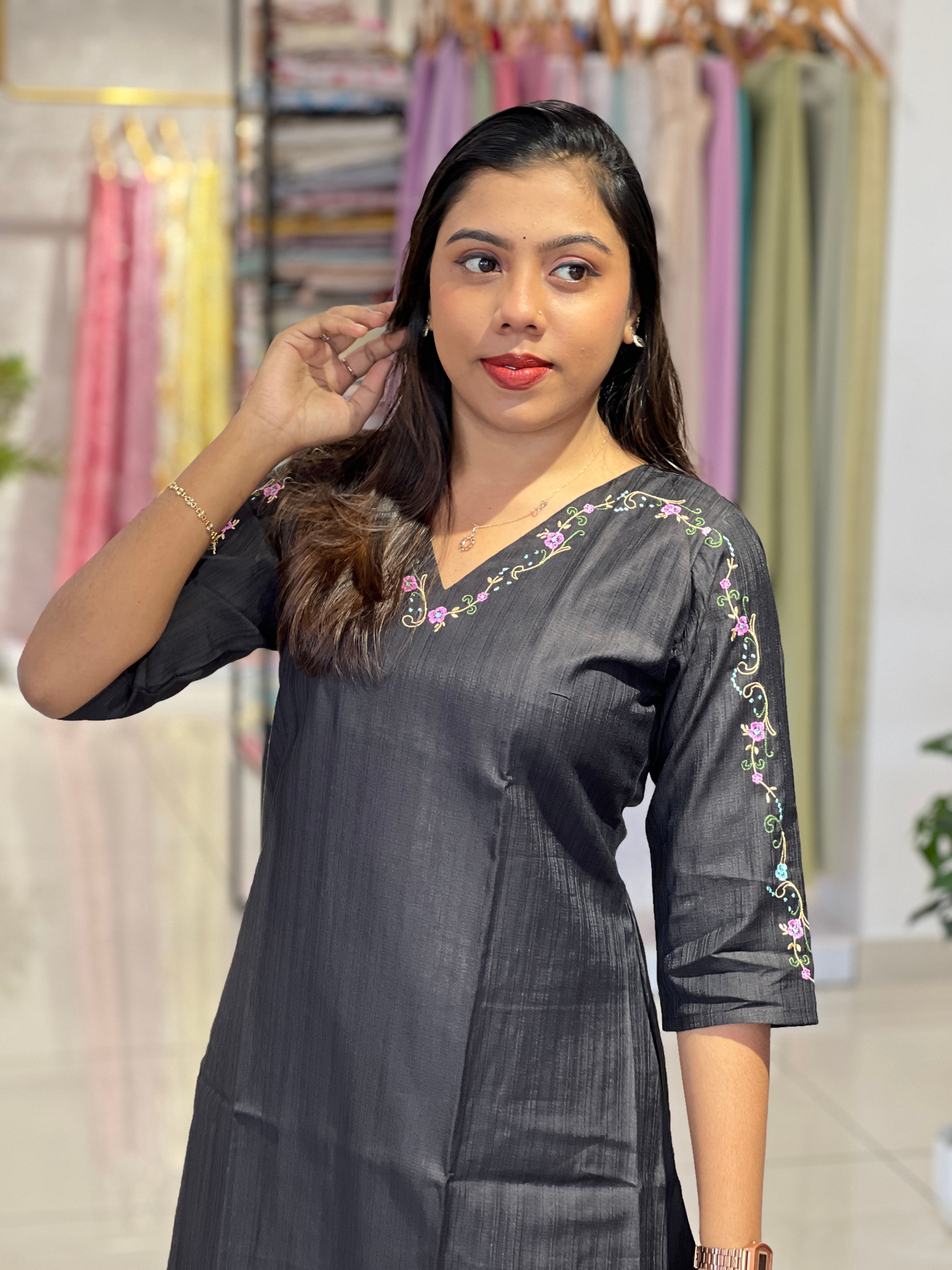 Floral Machine Embroidery Cotton A-Line Kurta |MSN223