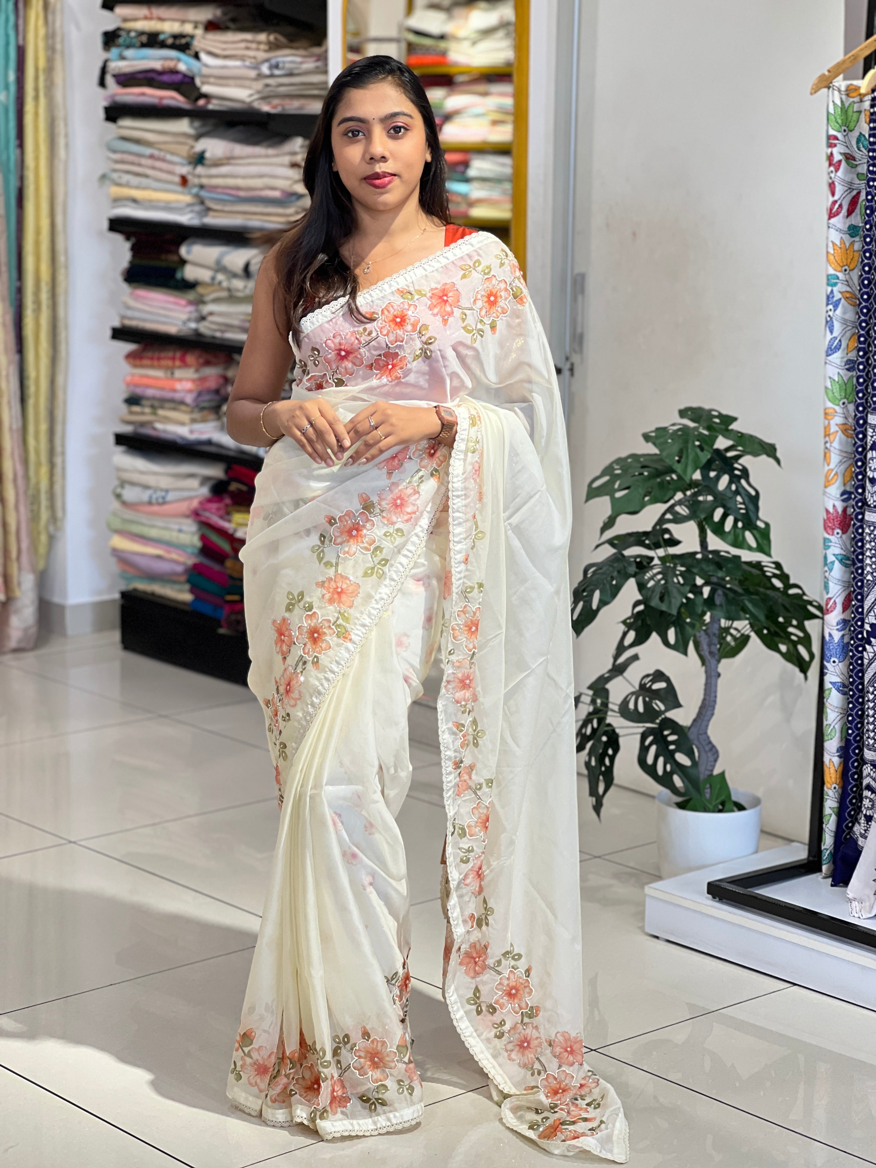 Floral Printed Shimmer Organza Saree | HT367