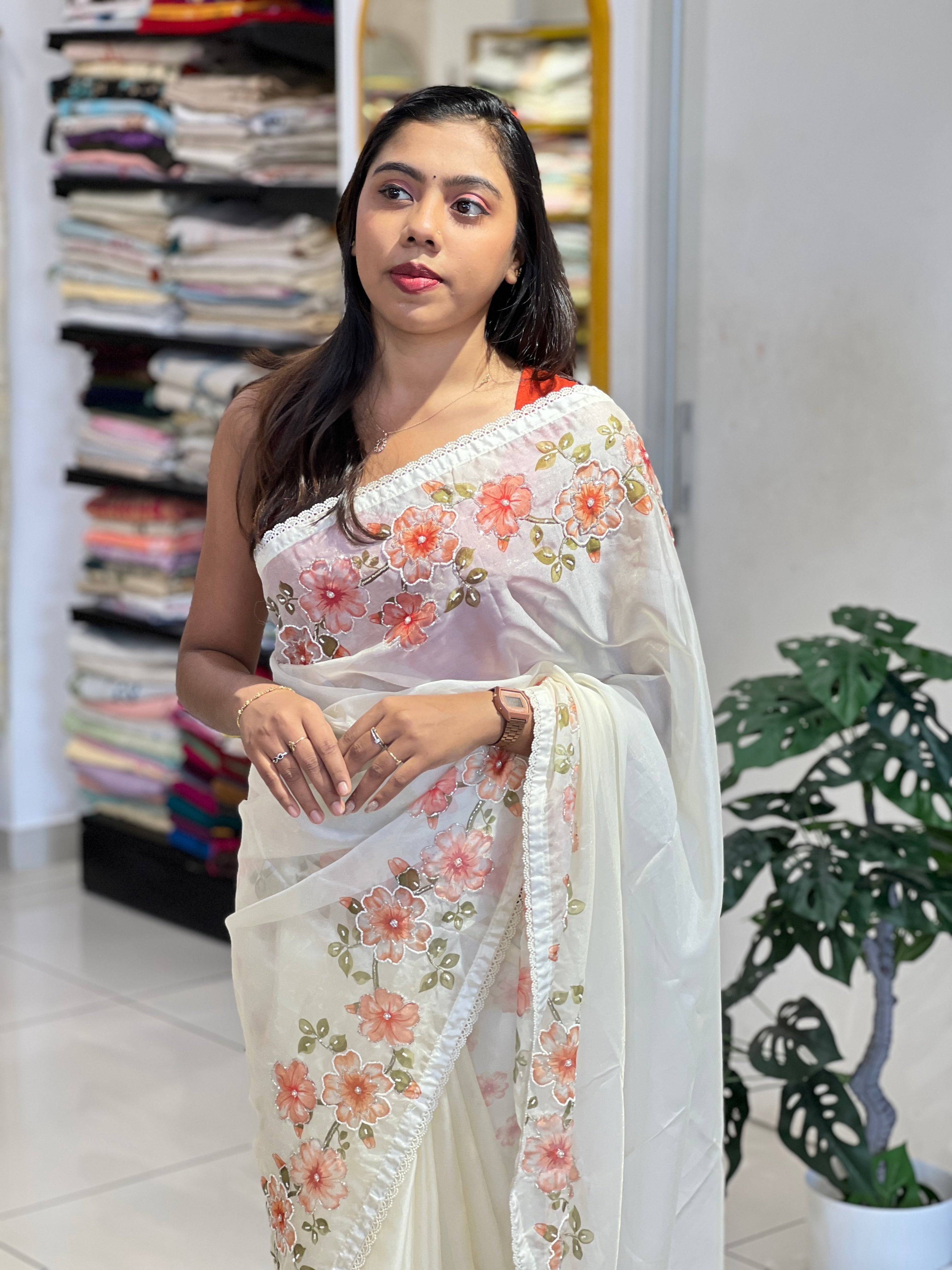 Floral Printed Shimmer Organza Saree | HT367