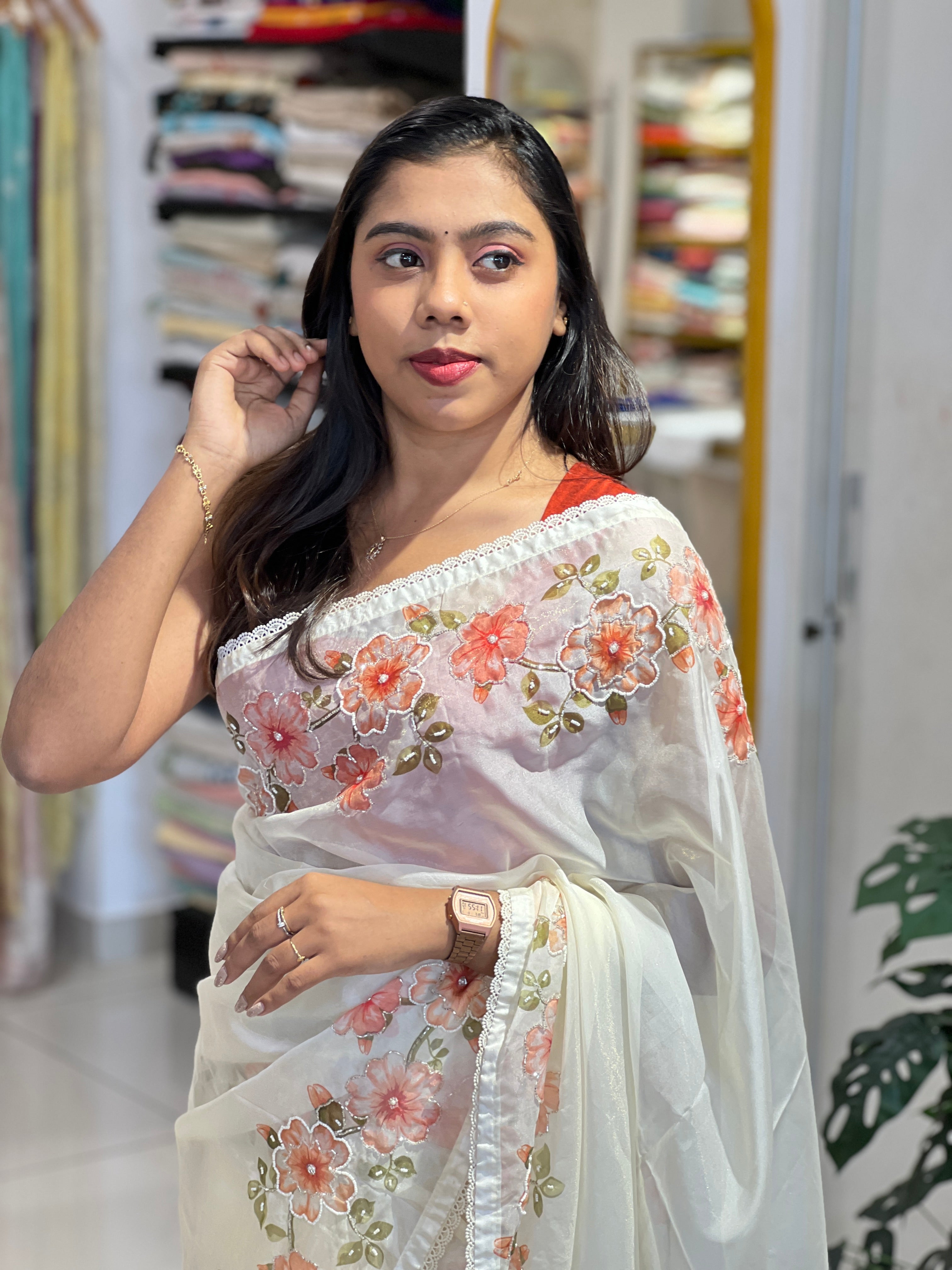 Floral Printed Shimmer Organza Saree | HT367