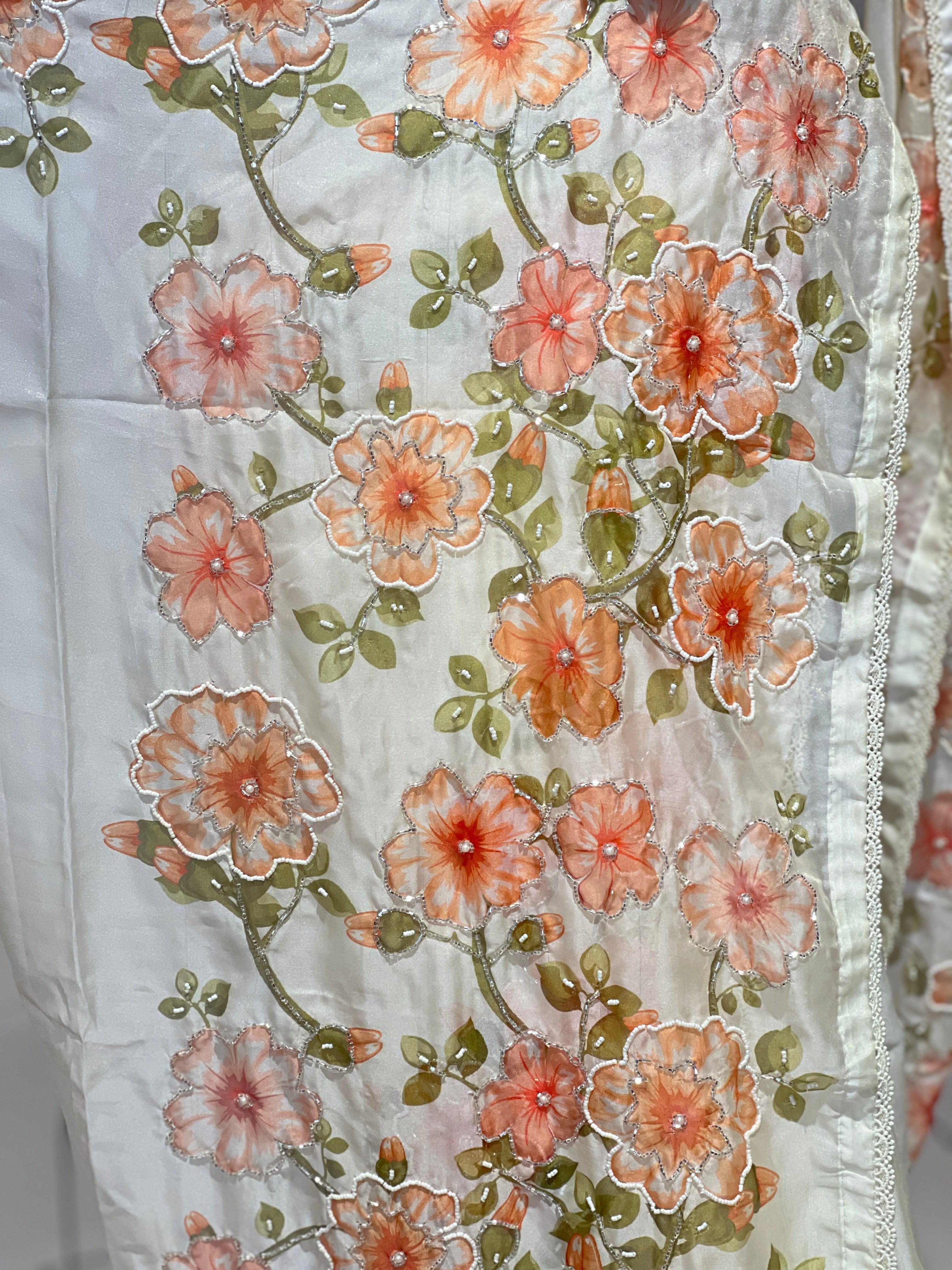 Floral Printed Shimmer Organza Saree | HT367