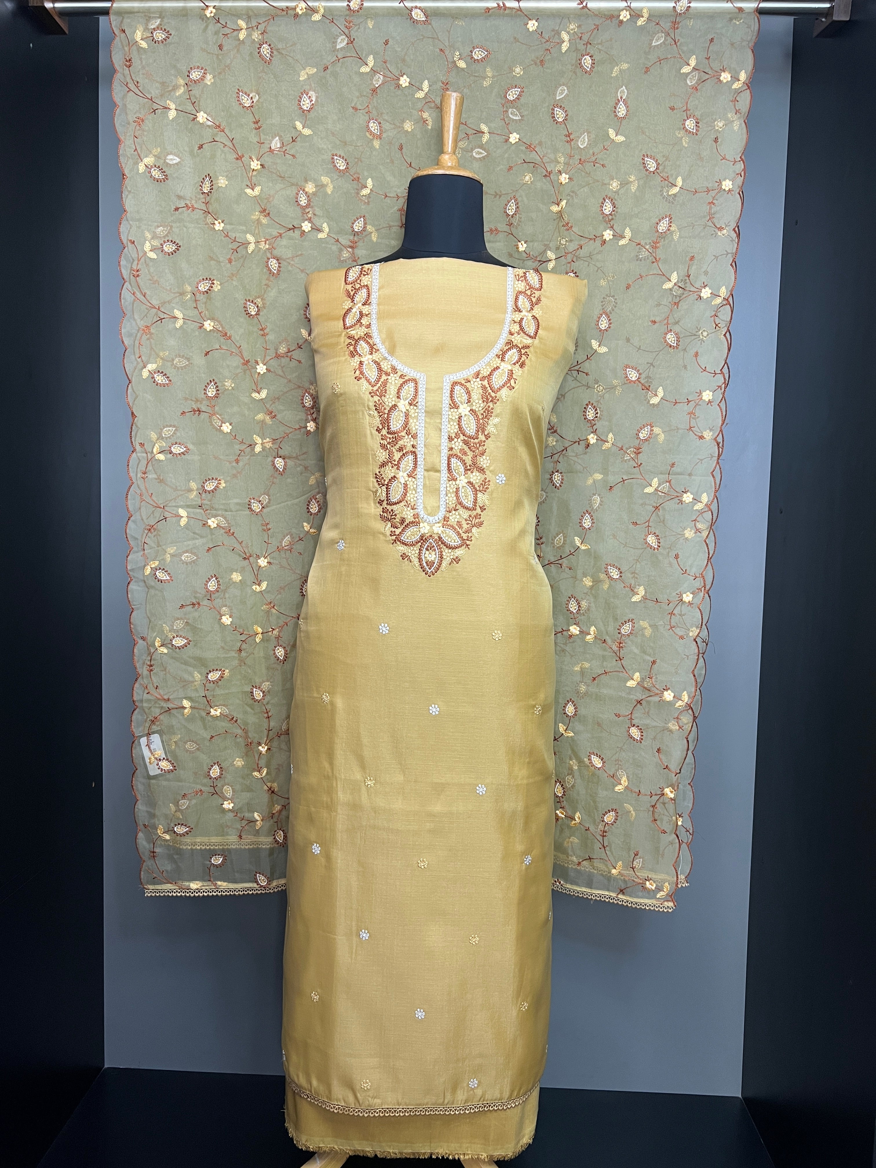 Machine Embroidery Detailed Semi Tussar Salwar Set | SUN615