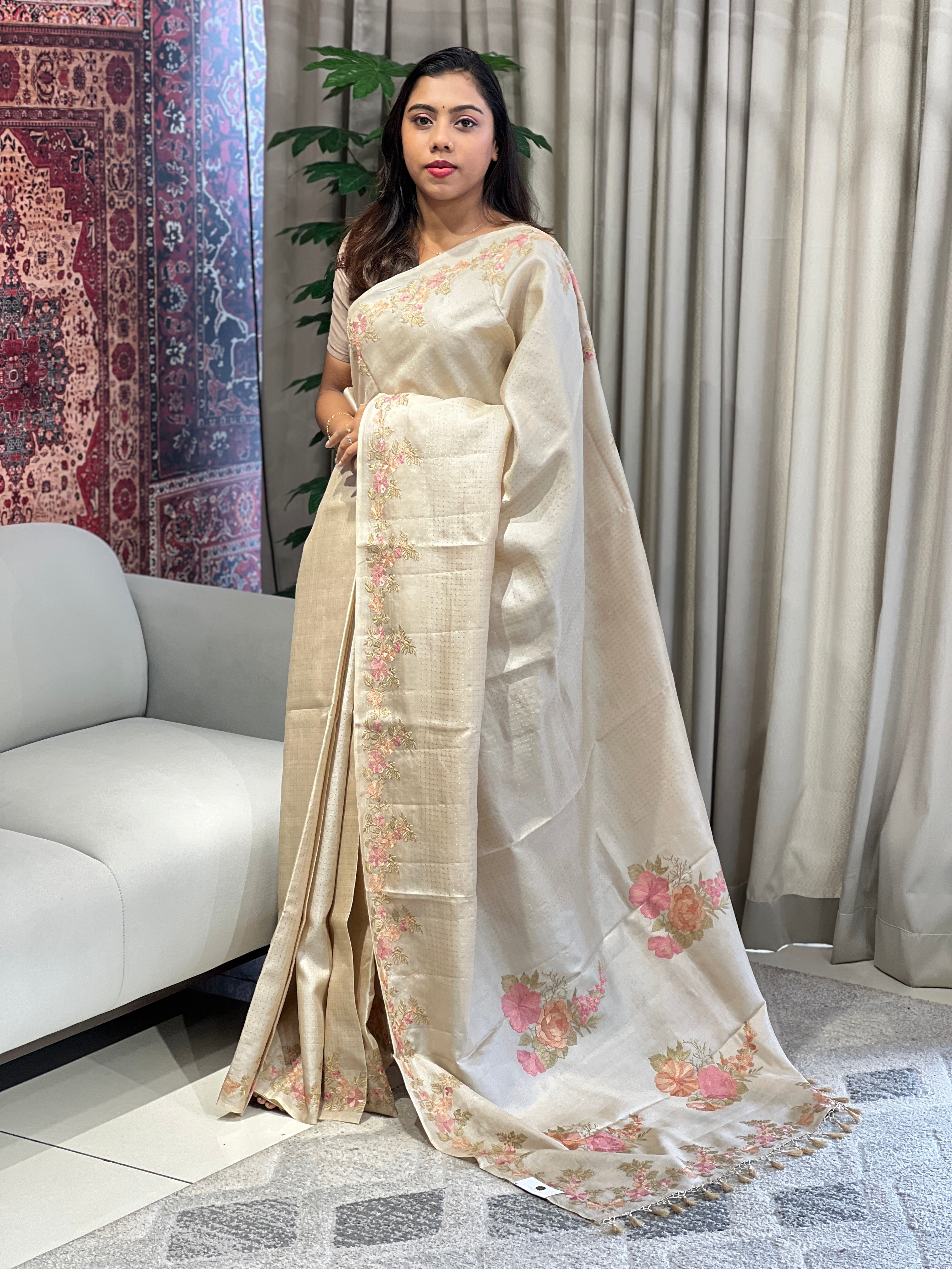 Multicolour Thread Embroidery Detailed Pure Tussar Saree | YNG809