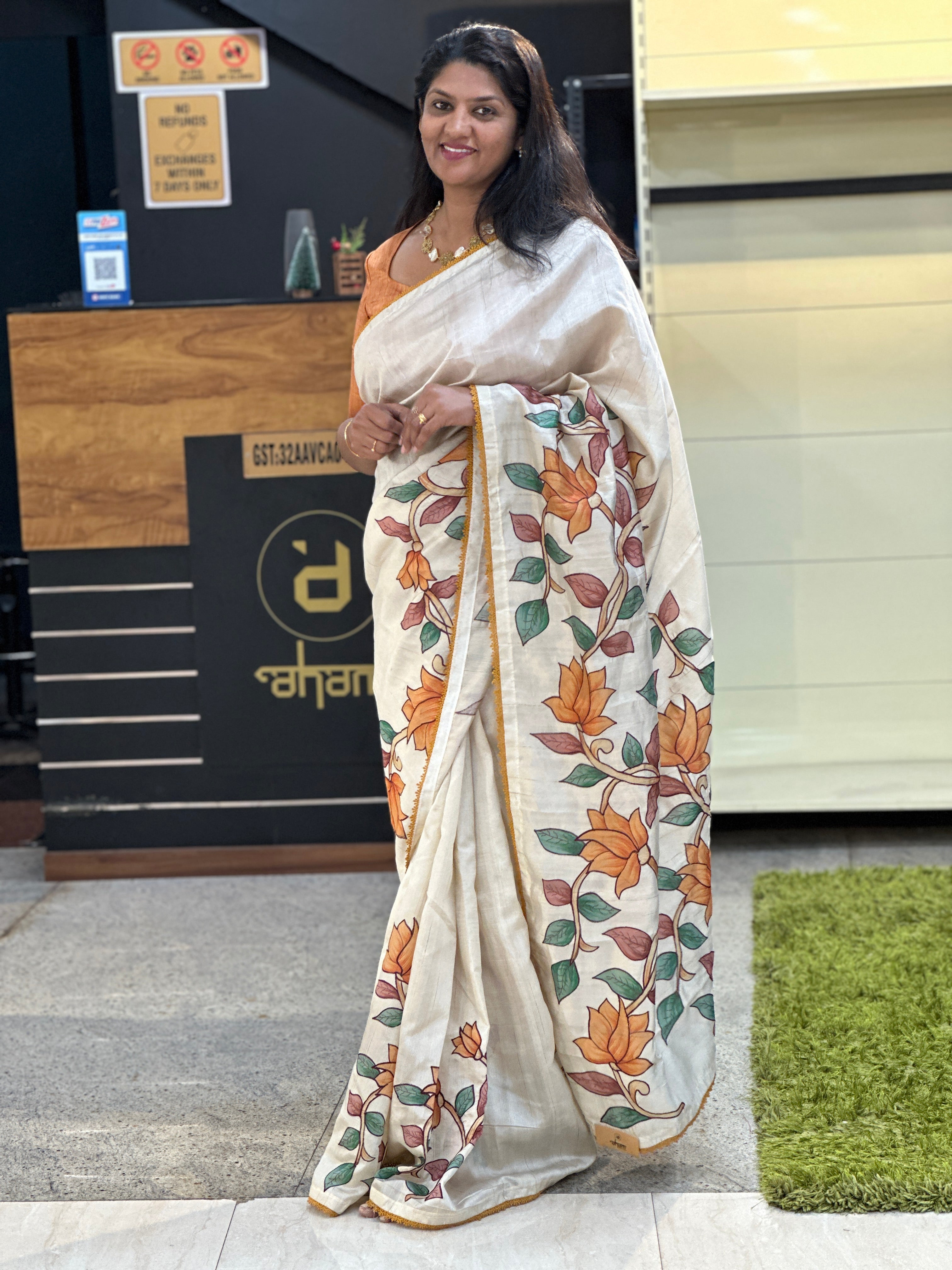 Kalamkari Inspired Digital Printed Semi Tussar Saree | HT369