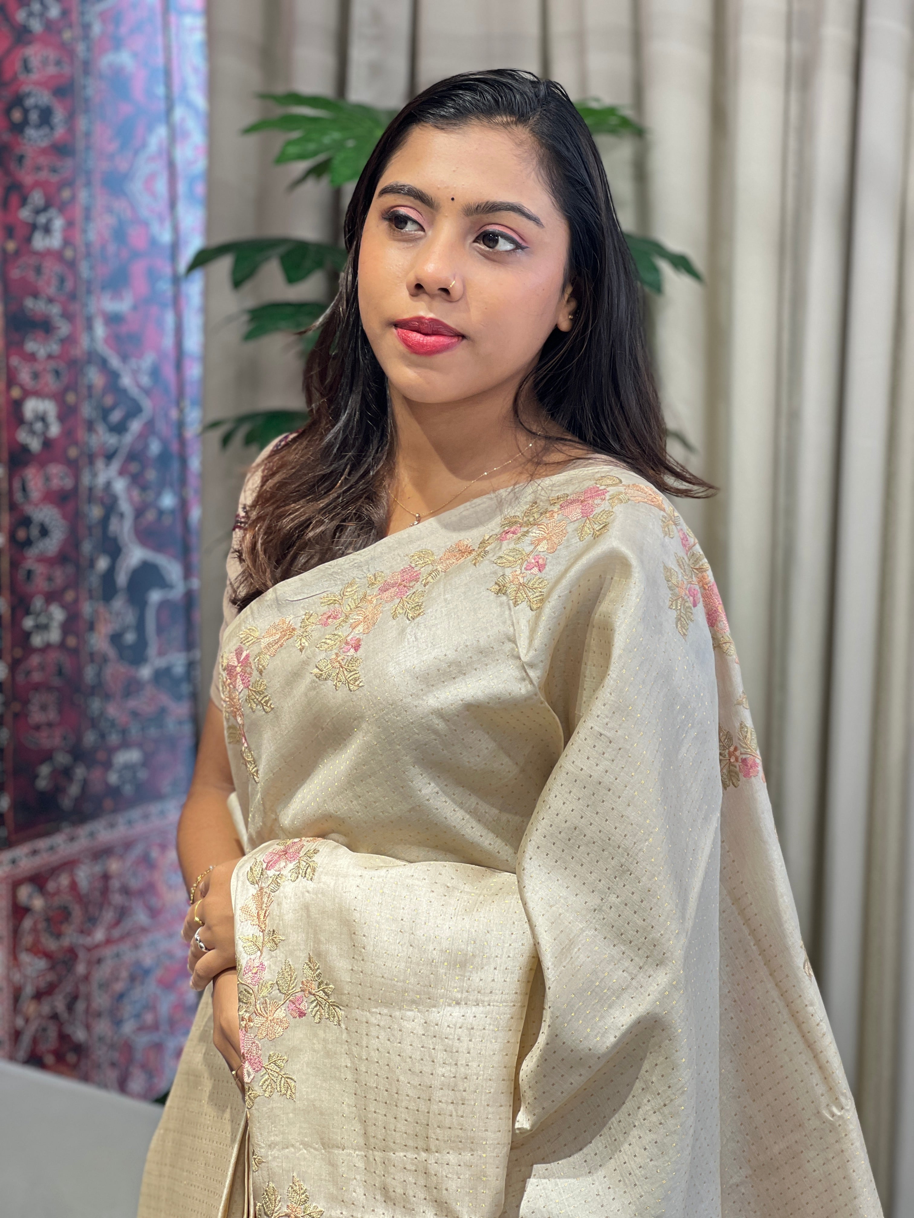 Multicolour Thread Embroidery Detailed Pure Tussar Saree | YNG809