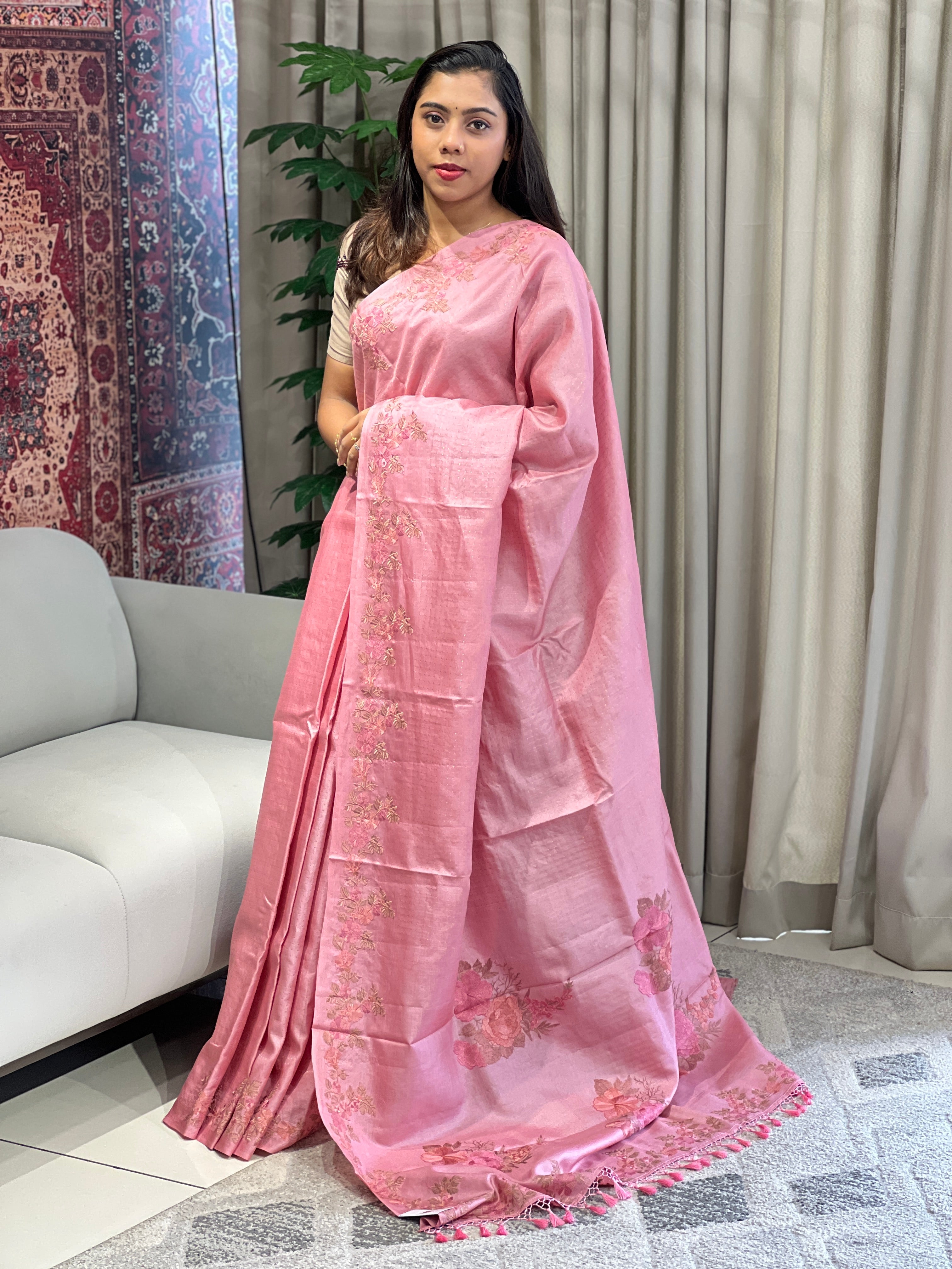 Multicolour Thread Embroidery Detailed Pure Tussar Saree | YNG810