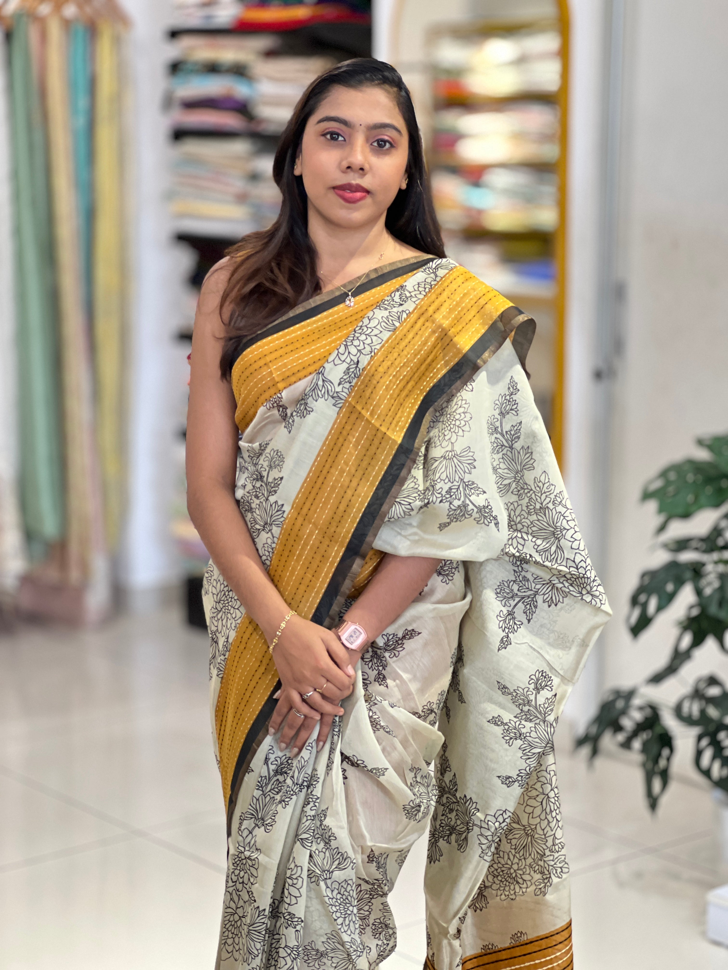Floral Print With Kantha Border Detailed Chanderi Saree | RGD1023