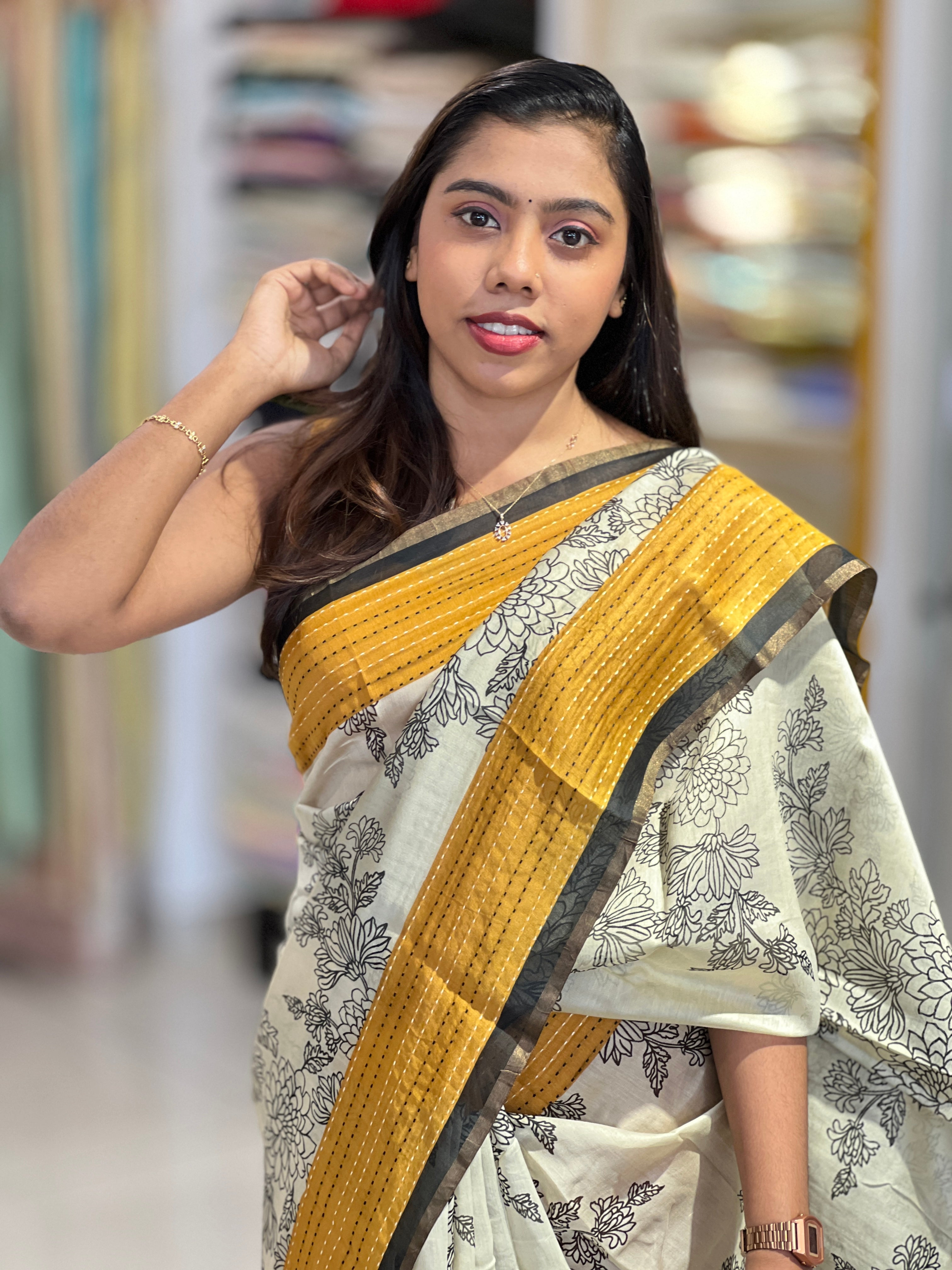 Floral Print With Kantha Border Detailed Chanderi Saree | RGD1023