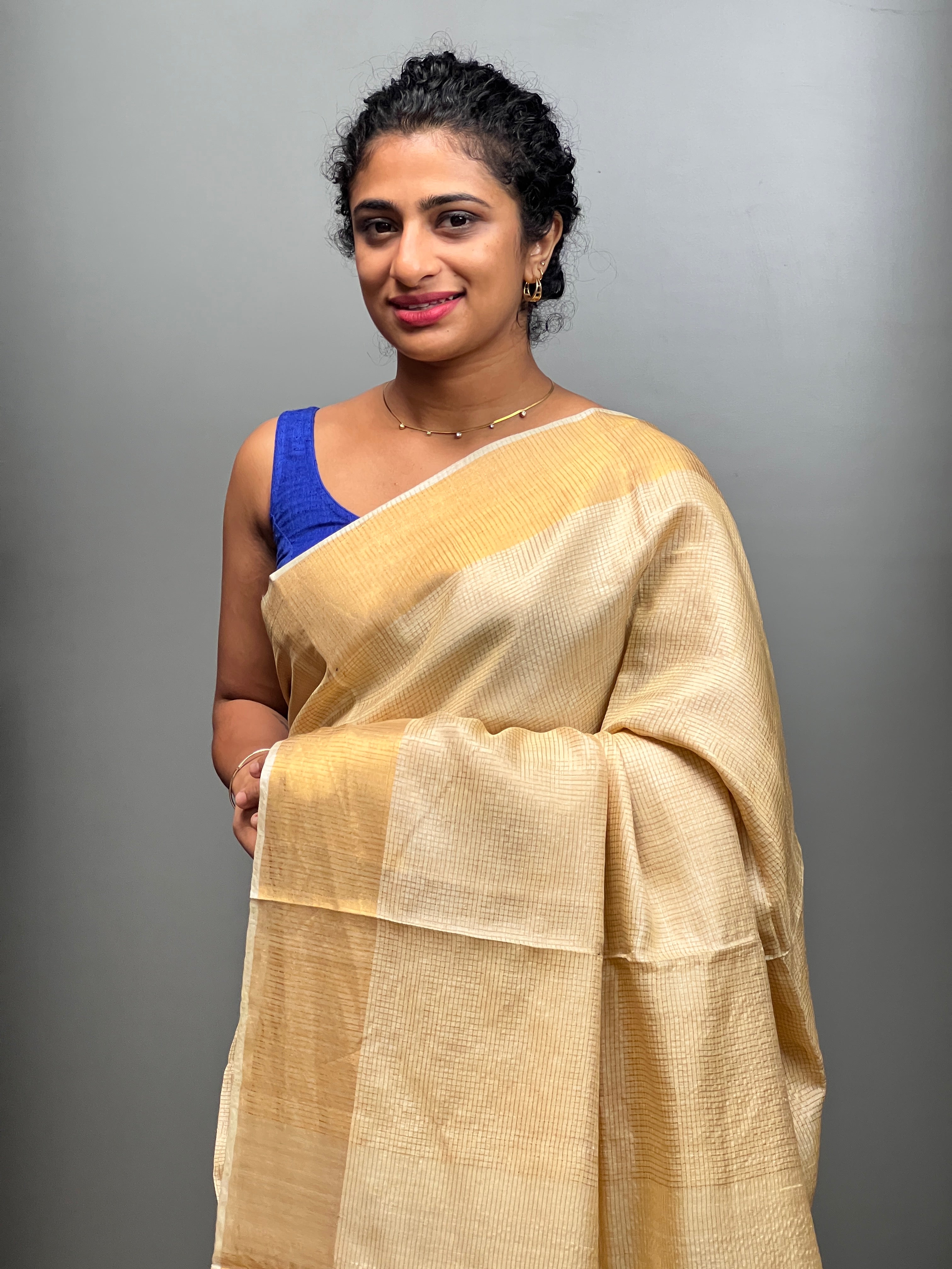 Golden Colour Check Pattern Tussar Saree | ACT653