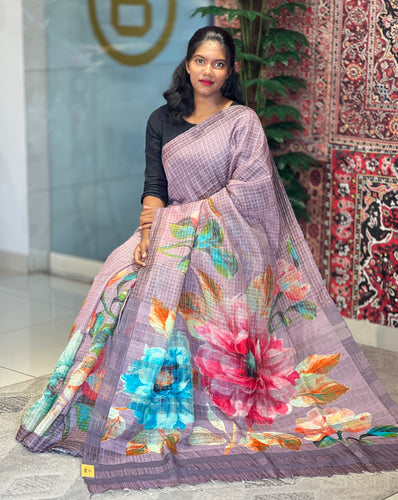 Floral Digital Printed Check Patterned Tussar Saree | MR172