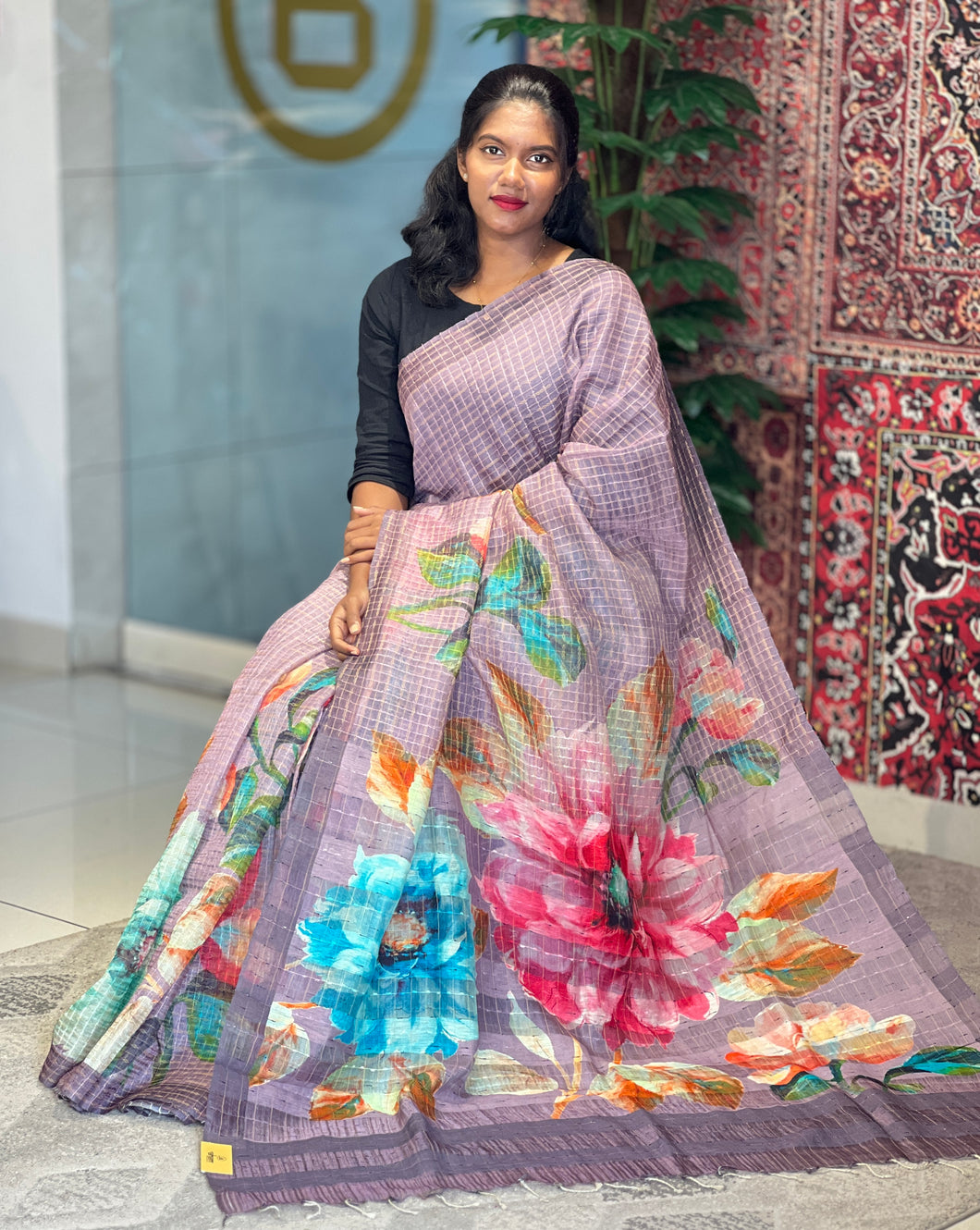 Floral Digital Printed Check Patterned Tussar Saree | MR172