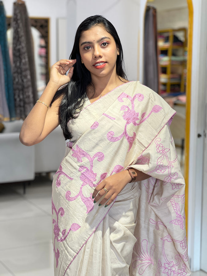 Floral Applique Detailed Tussar Finish Saree | BLD629