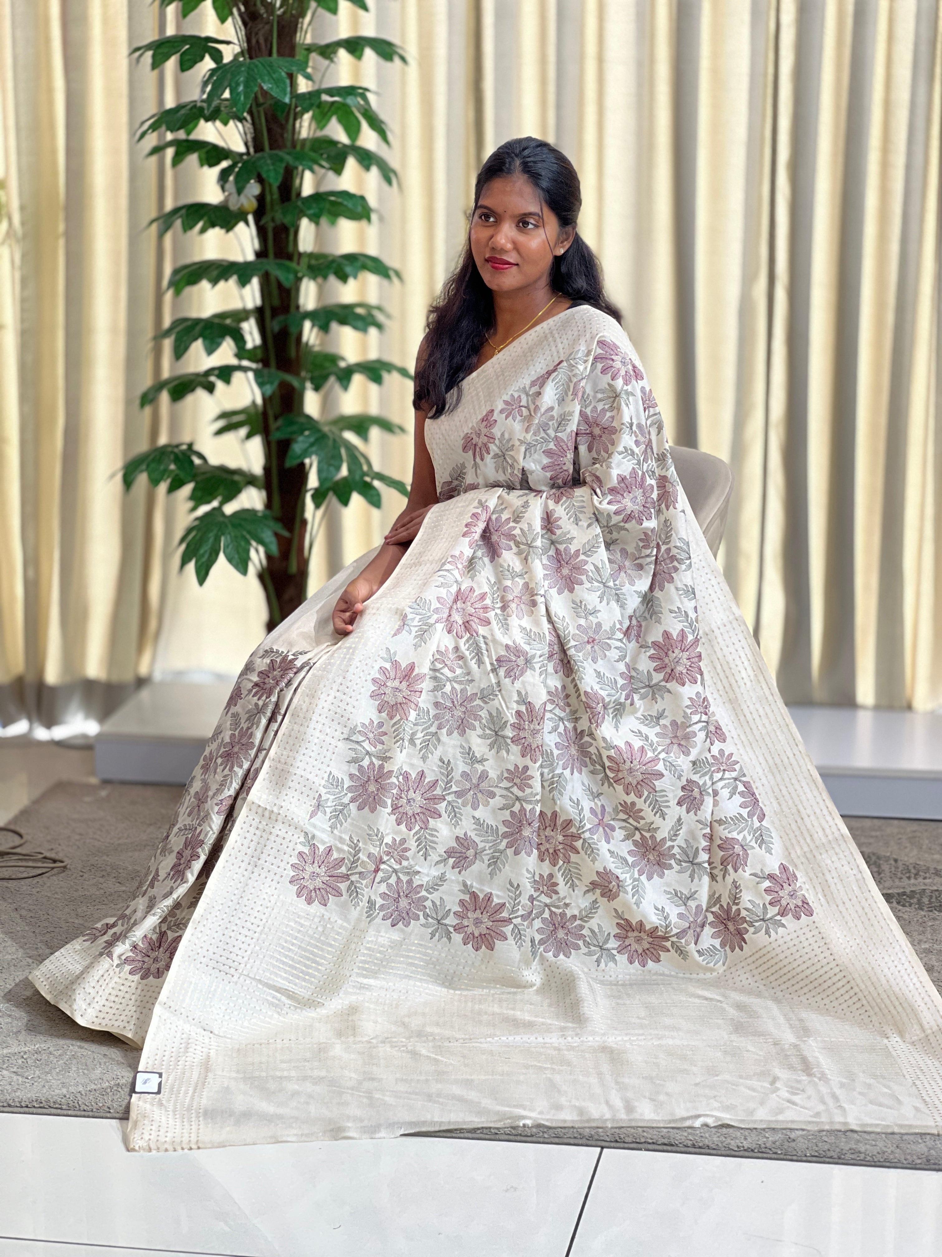 Floral Machine Embroidered Semi Tussar Saree | KMM145