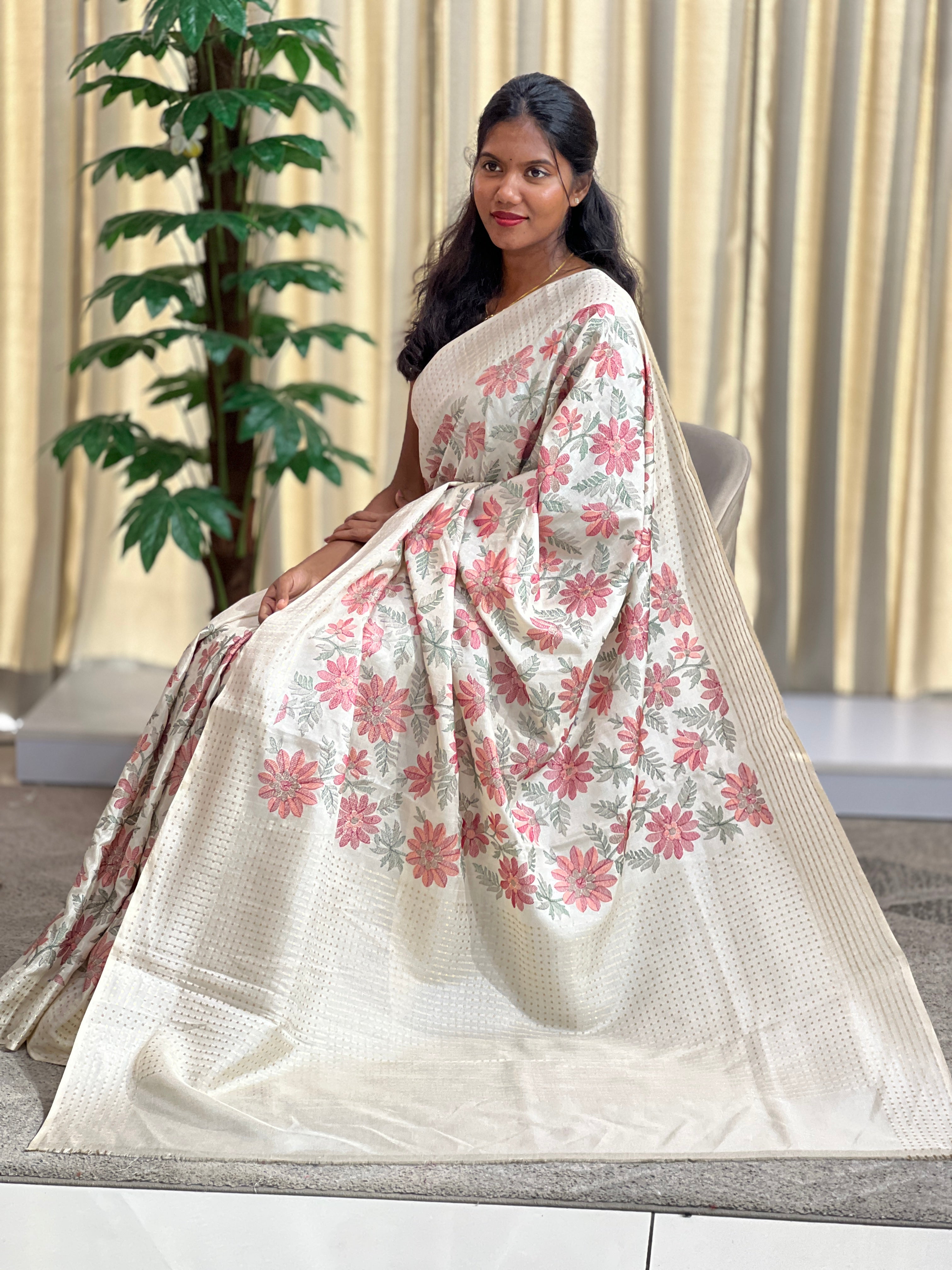 Floral Machine Embroidered Semi Tussar Saree | KMM147