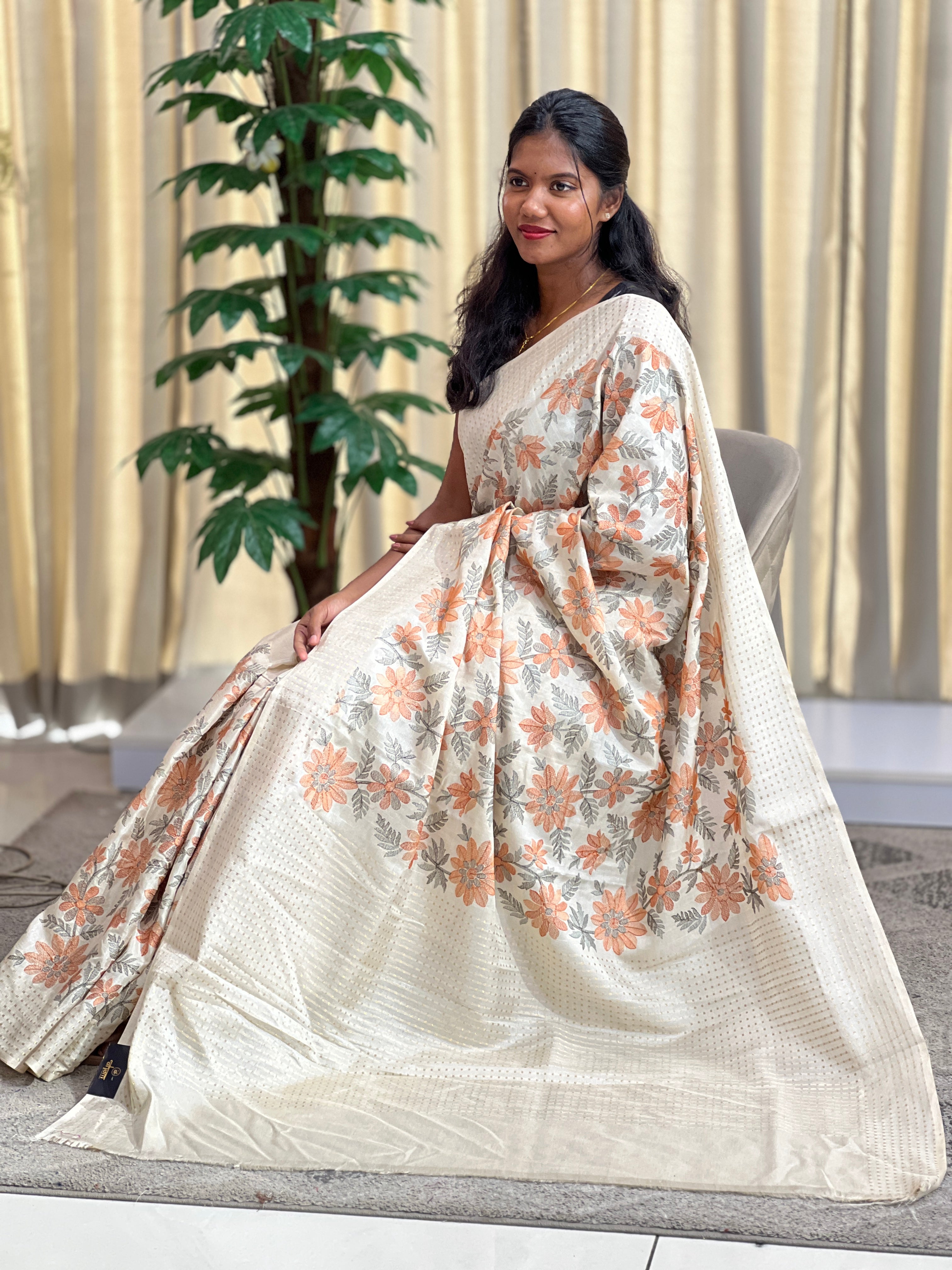Floral Machine Embroidered Semi Tussar Saree | KMM146
