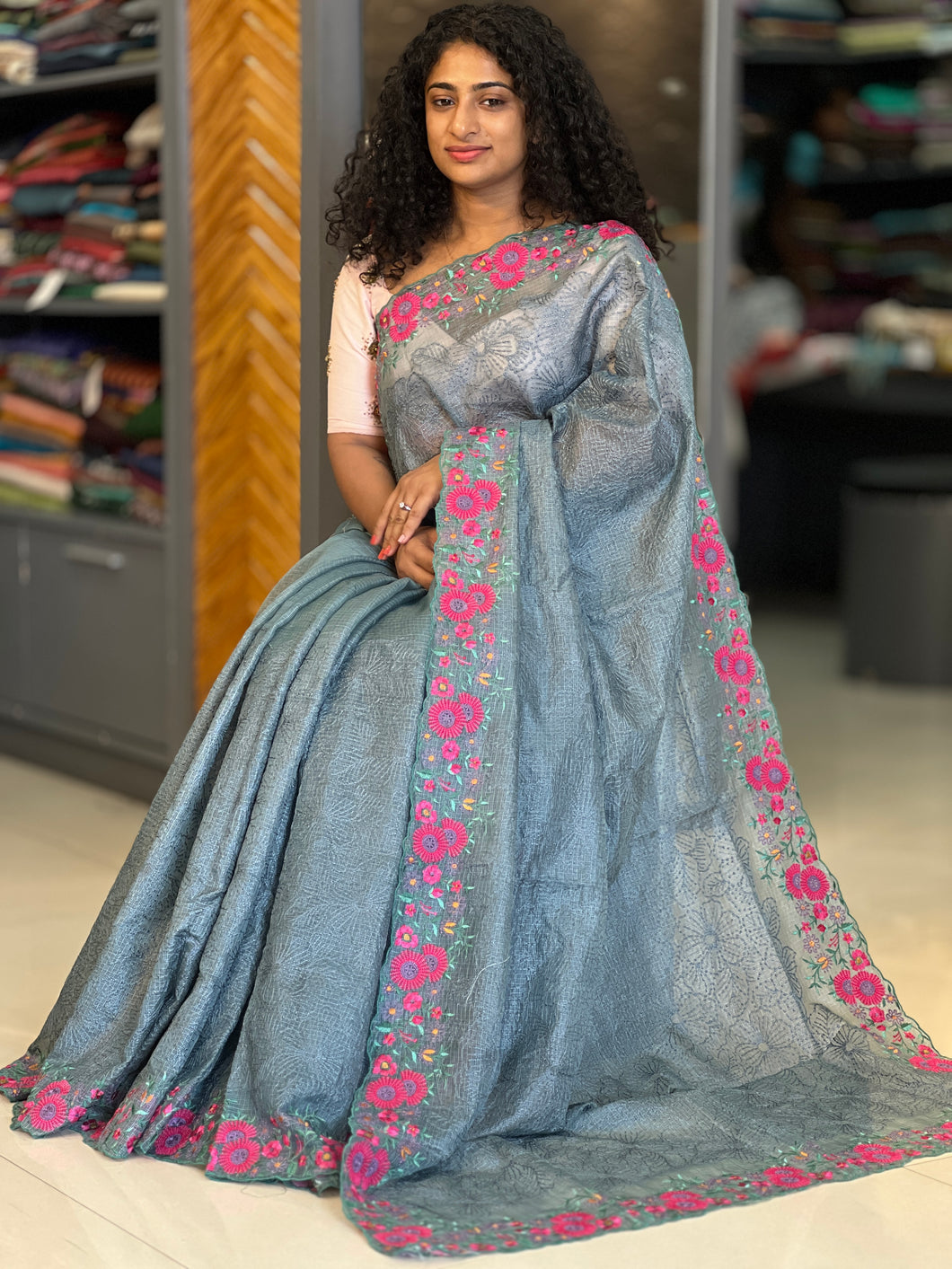 Floral Embroidery Tussar Kota Saree | SBS871