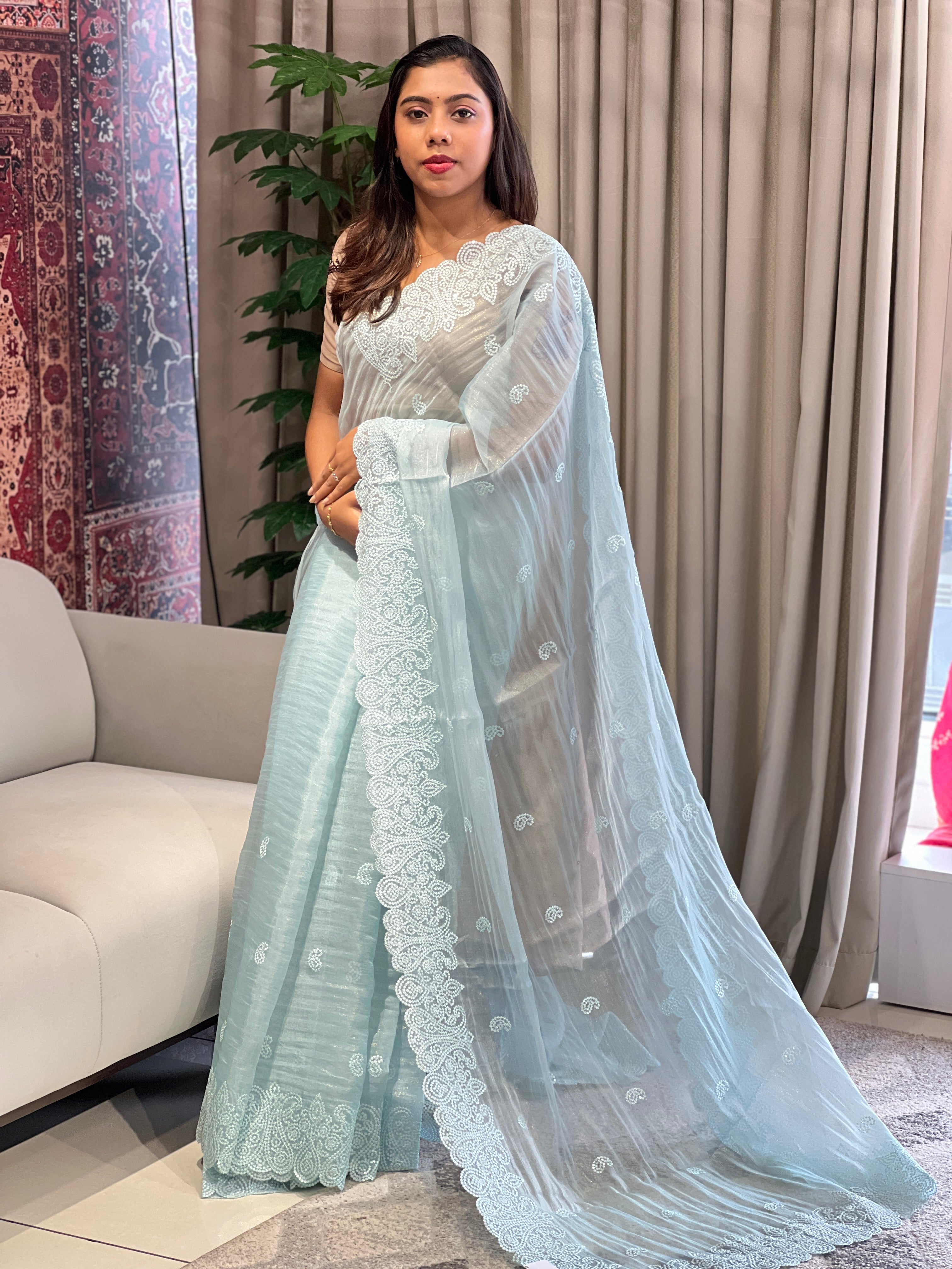 Machine Embroidery Detailed Shimmer Organza Saree | BLD1833