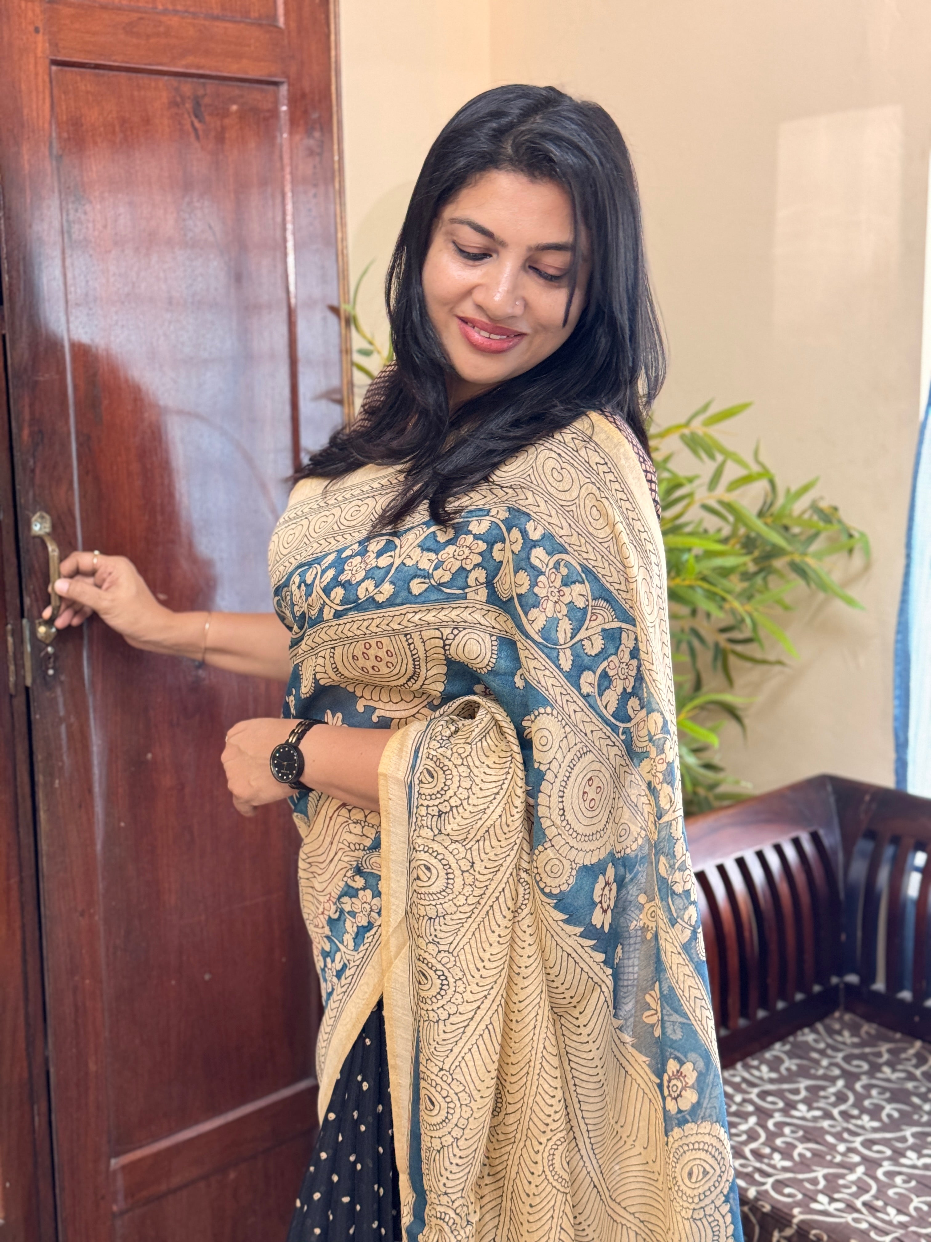 Kalamkari And Bandhani Patterned Semi Jute Saree | SSN500