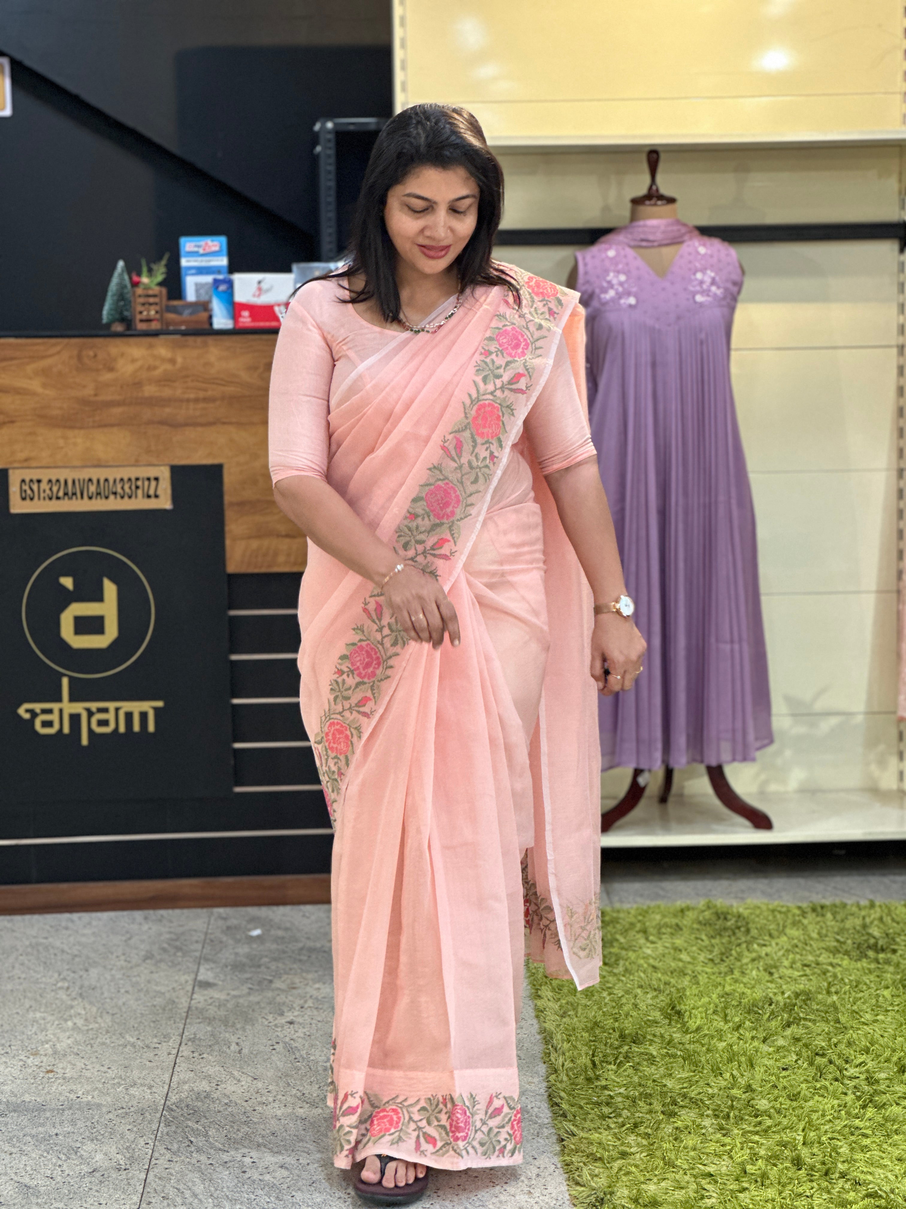 Floral Cross Stitch Embroidery Supernet Kota Saree | MR481