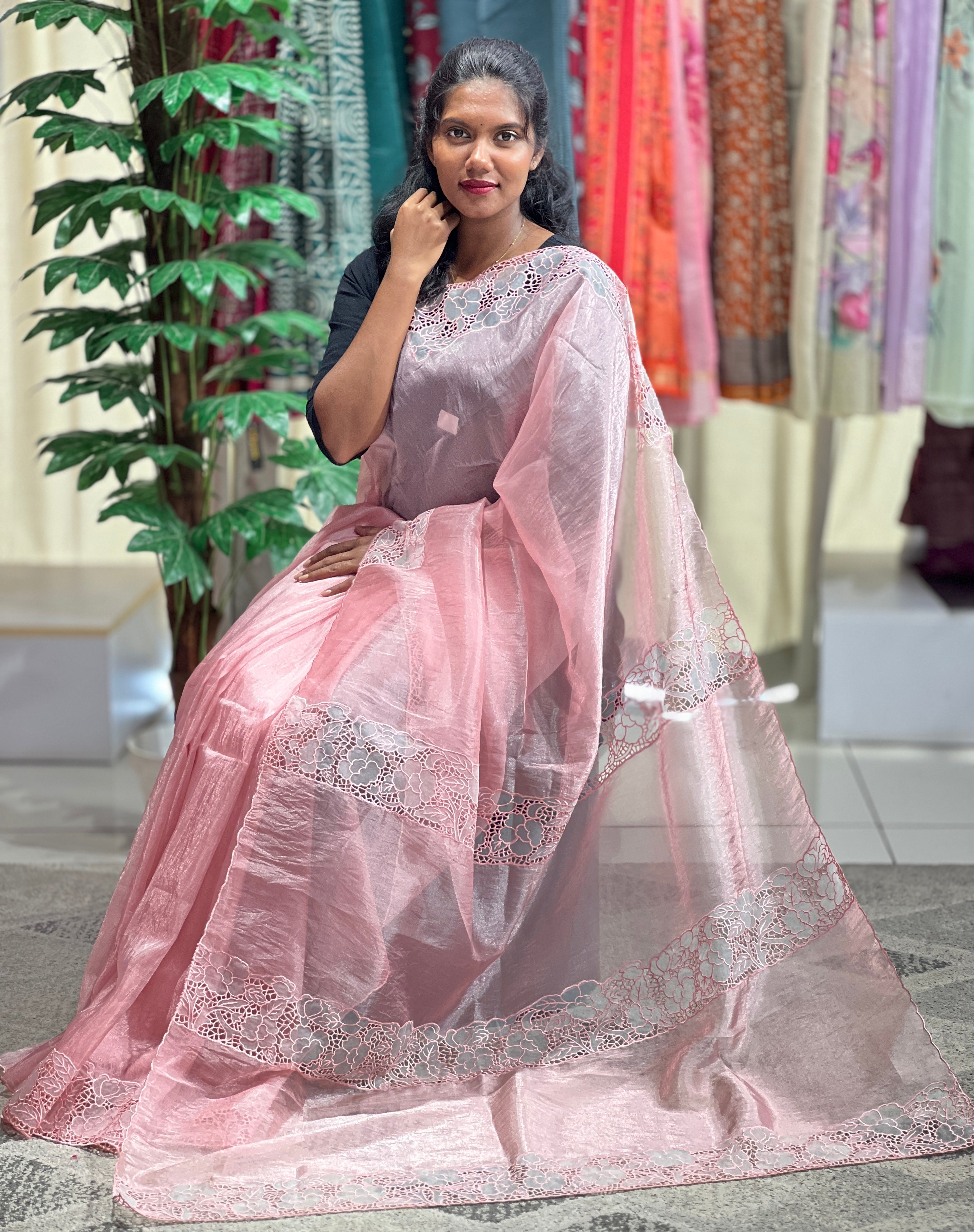 Machine Embroidery Cutwork Detailed Shimmer Oragnza Saree |  BLD462
