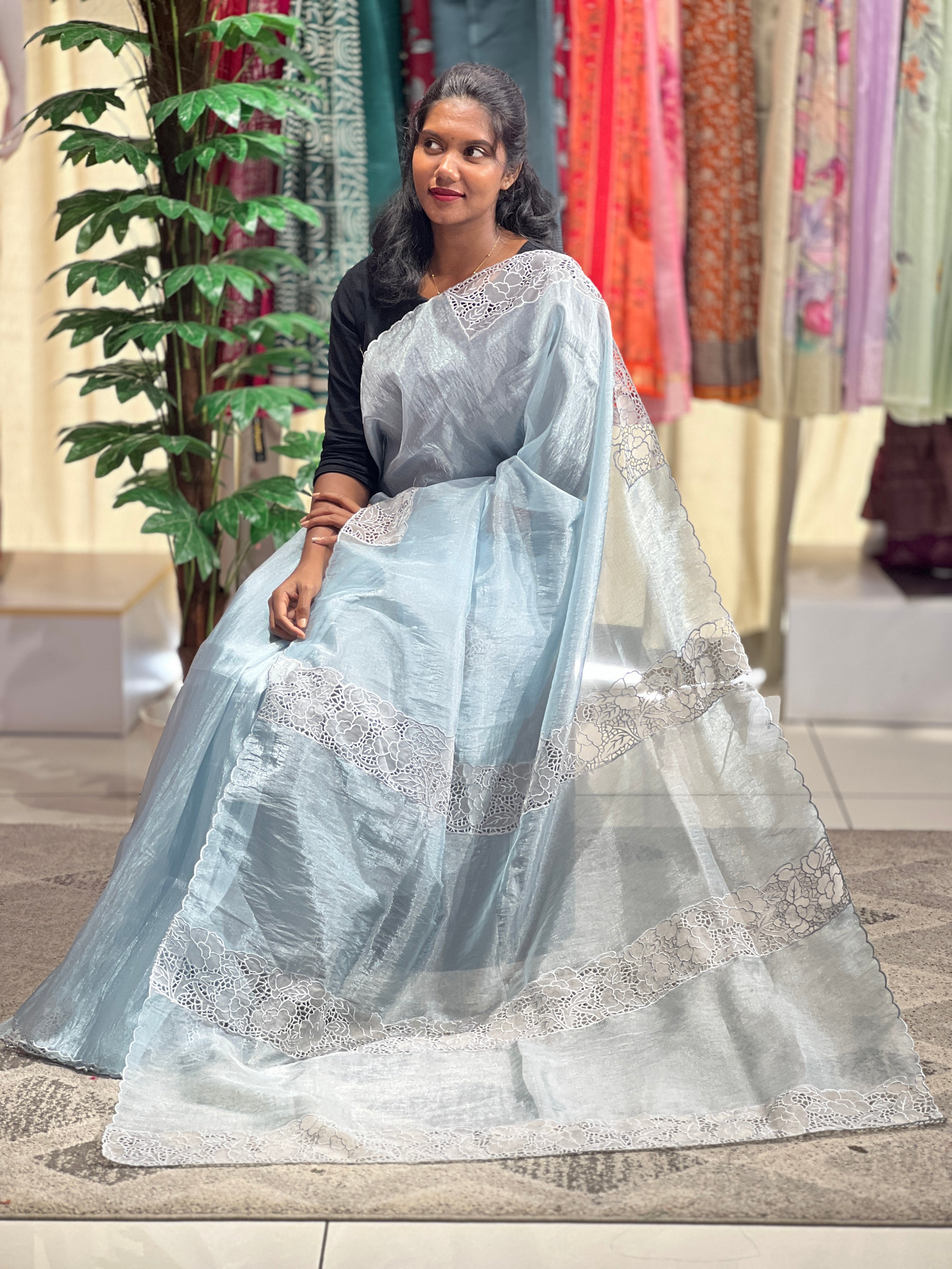 Machine Embroidery Cutwork Detailed Shimmer Oragnza Saree | BLD460