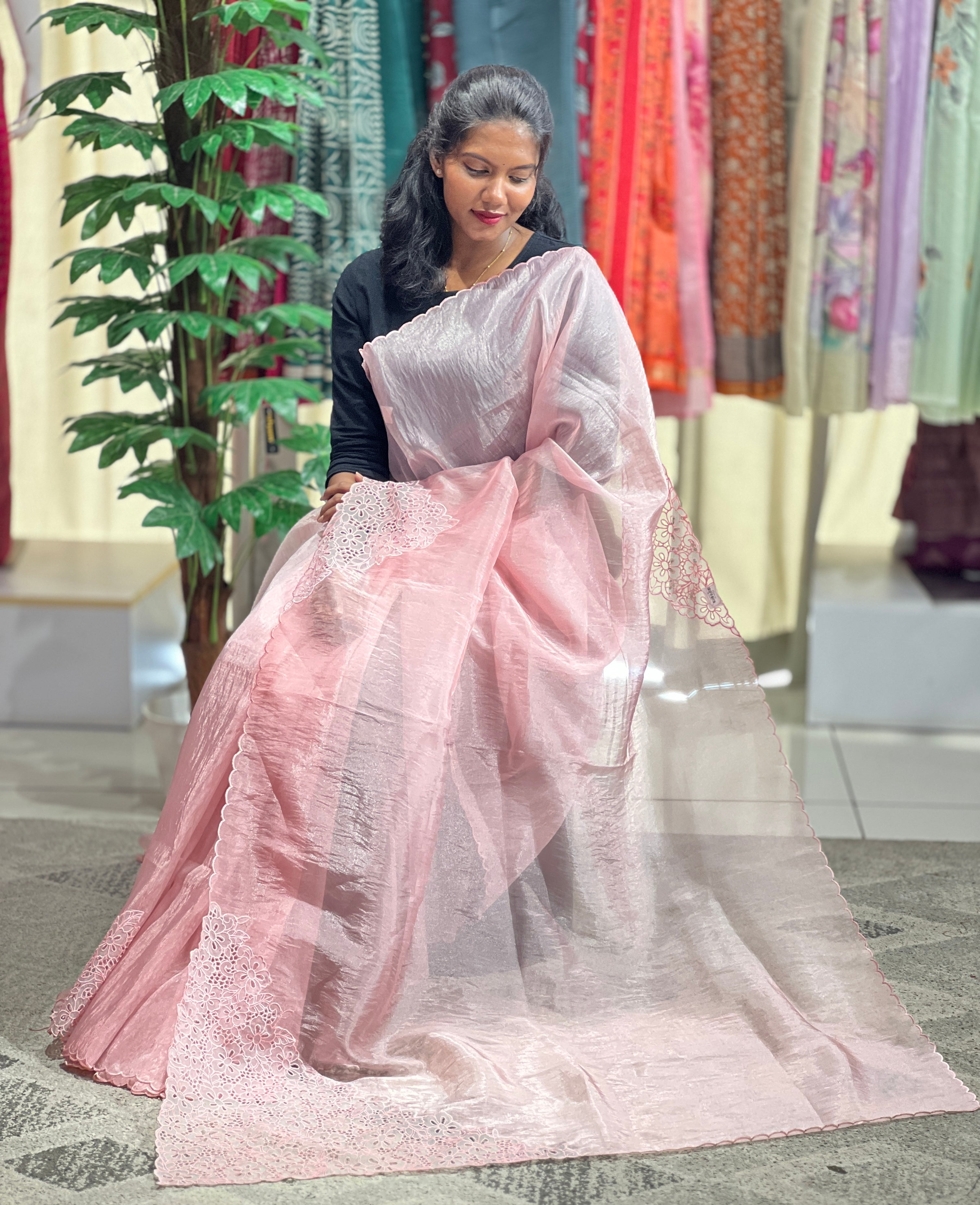 Machine Embroidery Cutwork Detailed Shimmer Oragnza Saree | BLD497