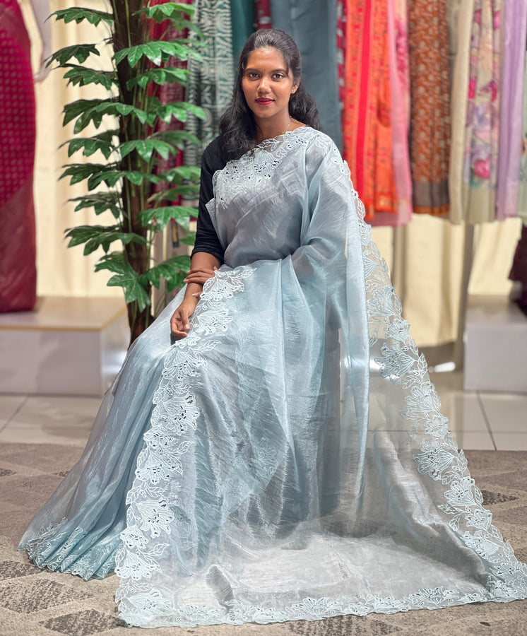 Machine Embroidery Cutwork Detailed Shimmer Oragnza Saree | BLD527