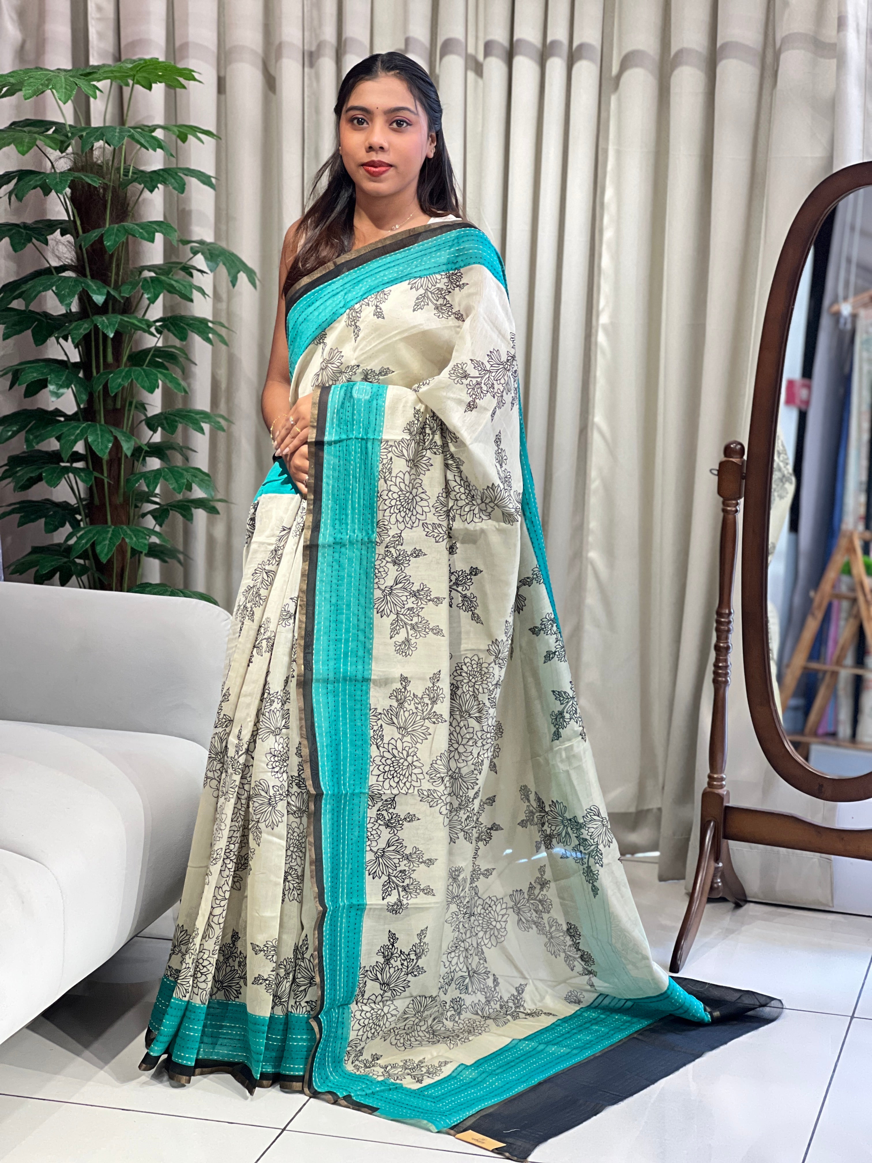 Floral Print With Kantha Border Detailed Chanderi Saree | RGD1022