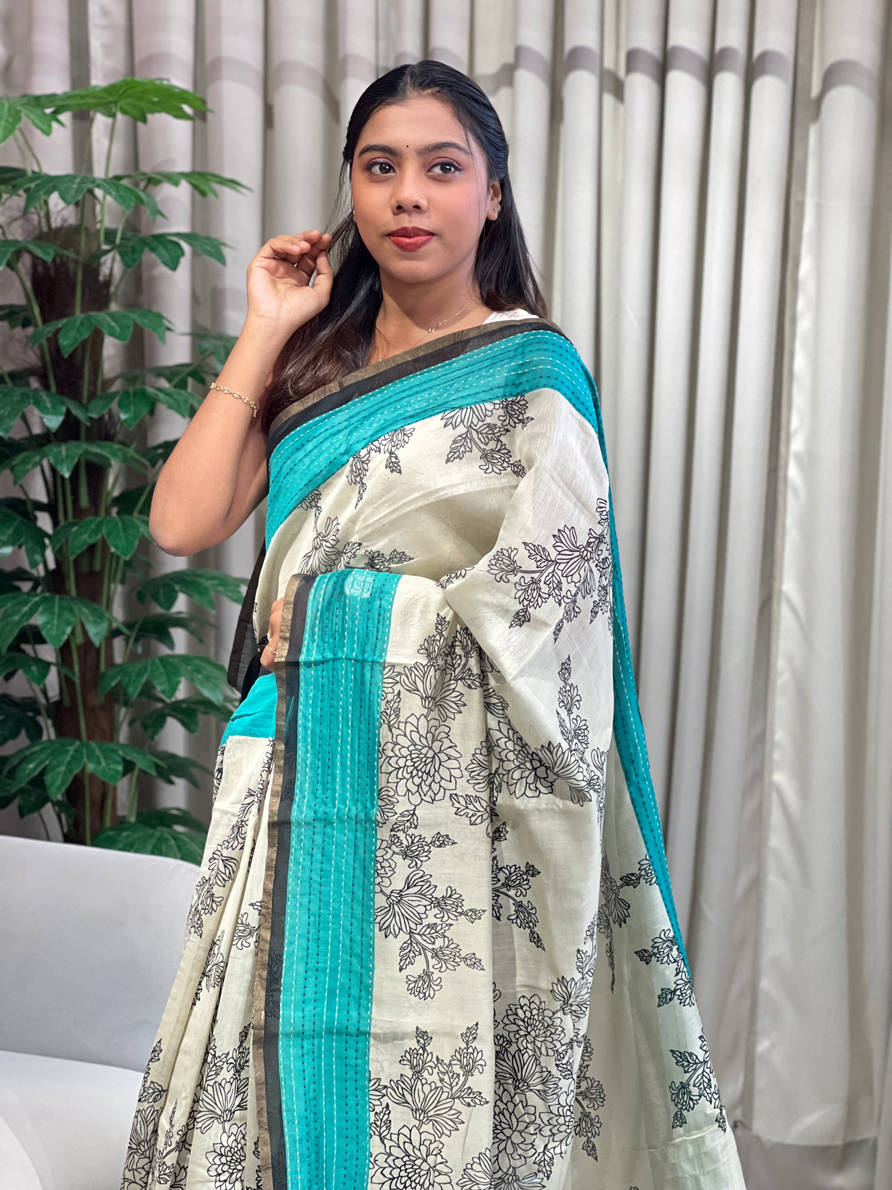 Floral Print With Kantha Border Detailed Chanderi Saree | RGD1022