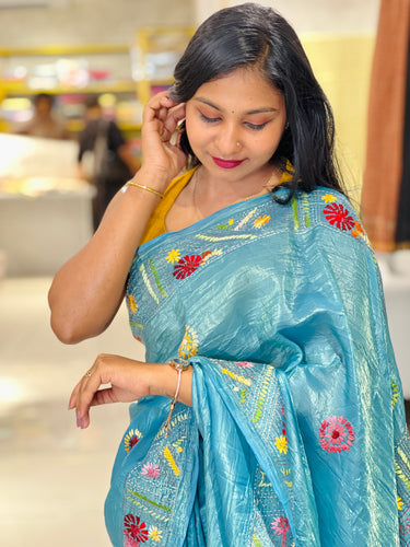 Traditional Hand Embroidered Crushed Organza Saree | GAR139