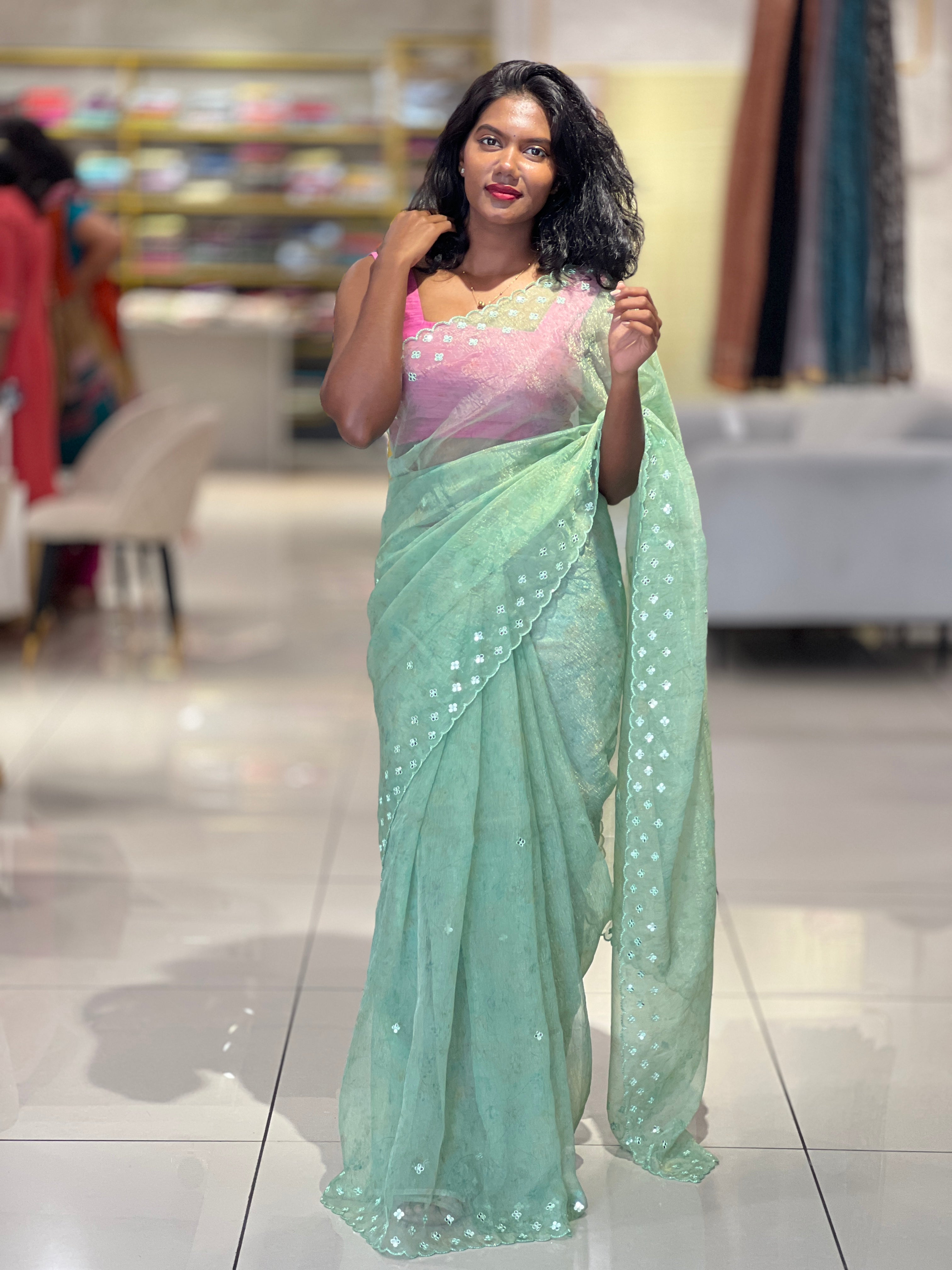 Print With Mirror Detailed Organza Saree | BLD477