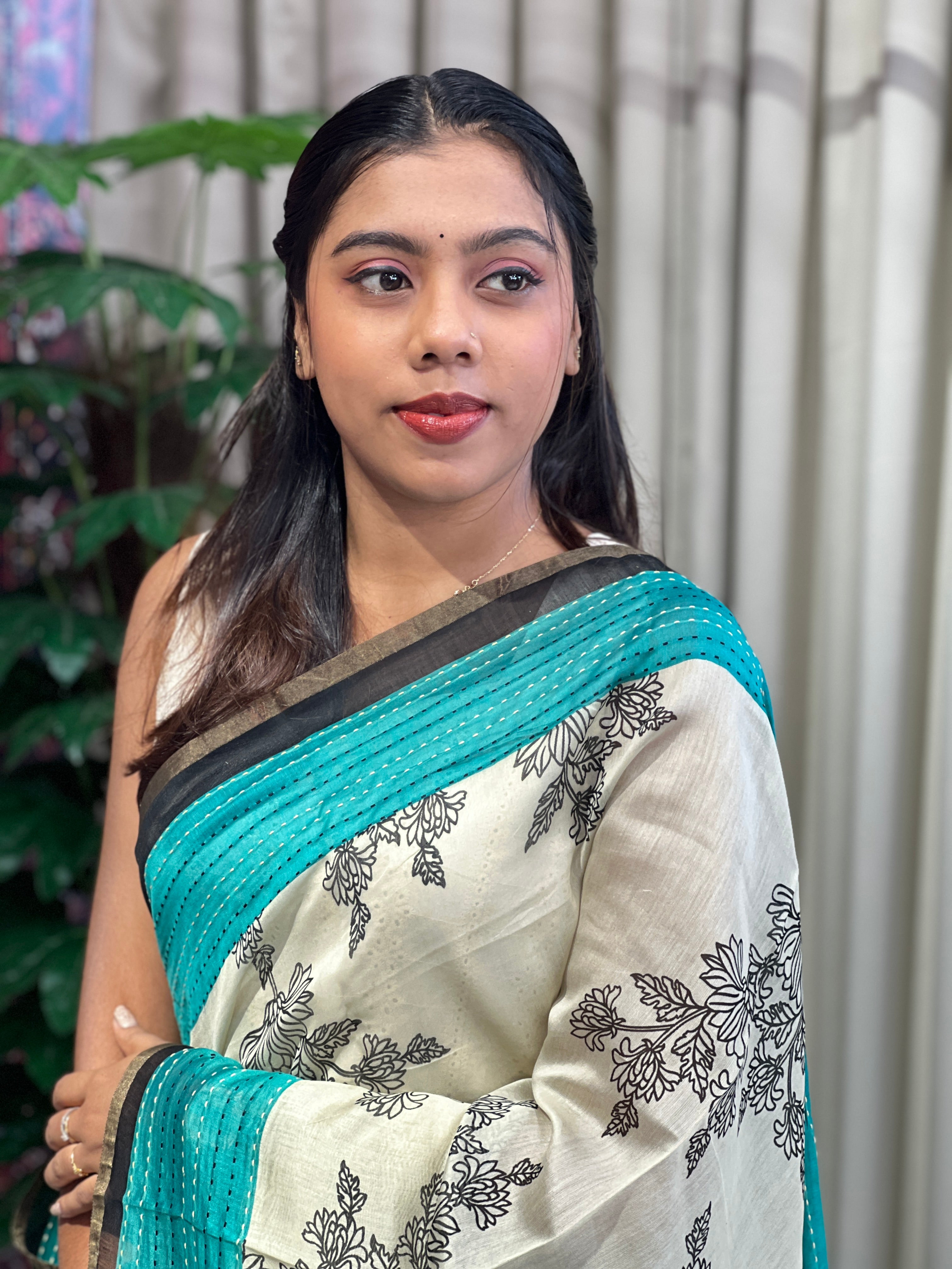 Floral Print With Kantha Border Detailed Chanderi Saree | RGD1022