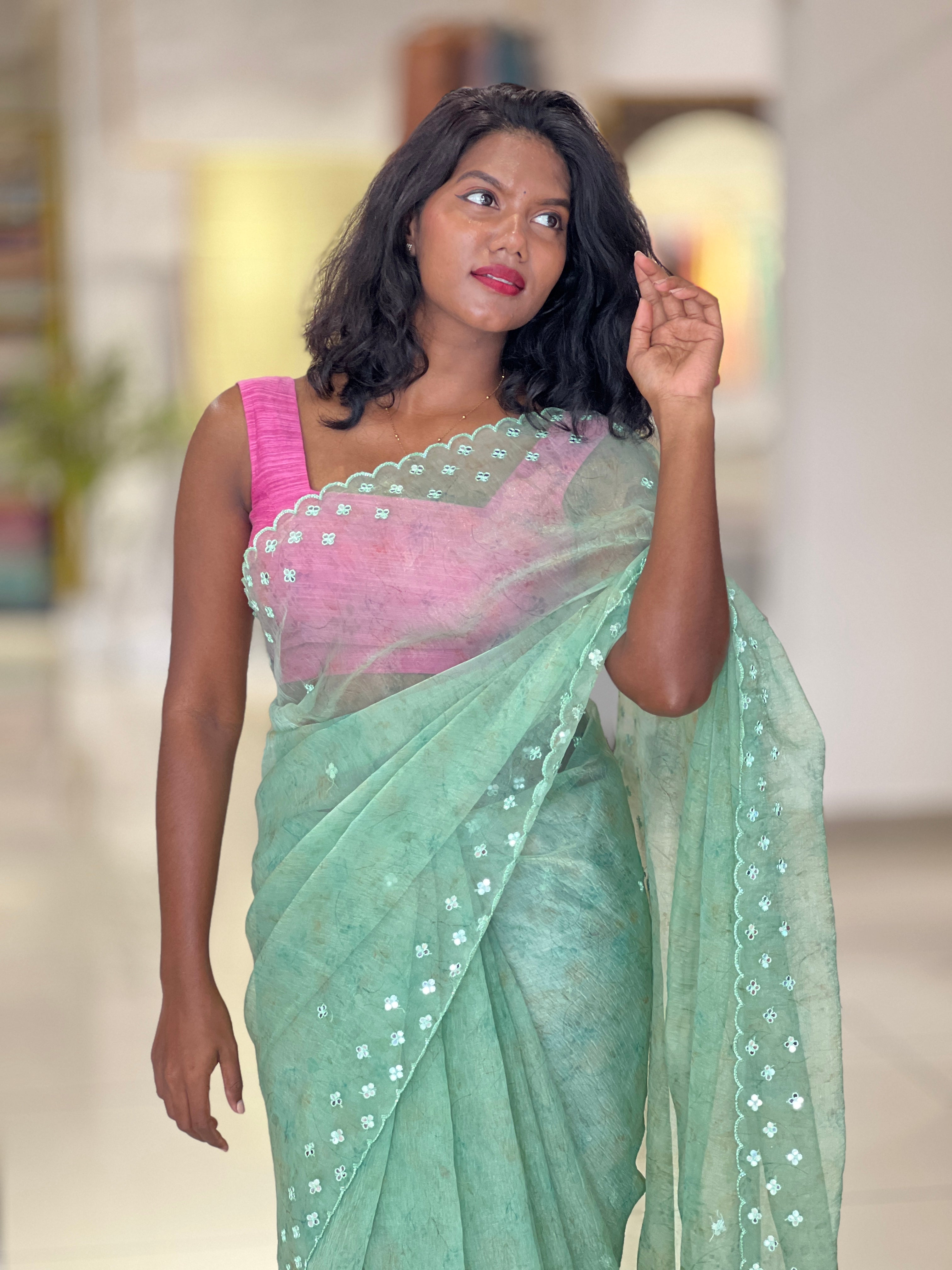 Print With Mirror Detailed Organza Saree | BLD477