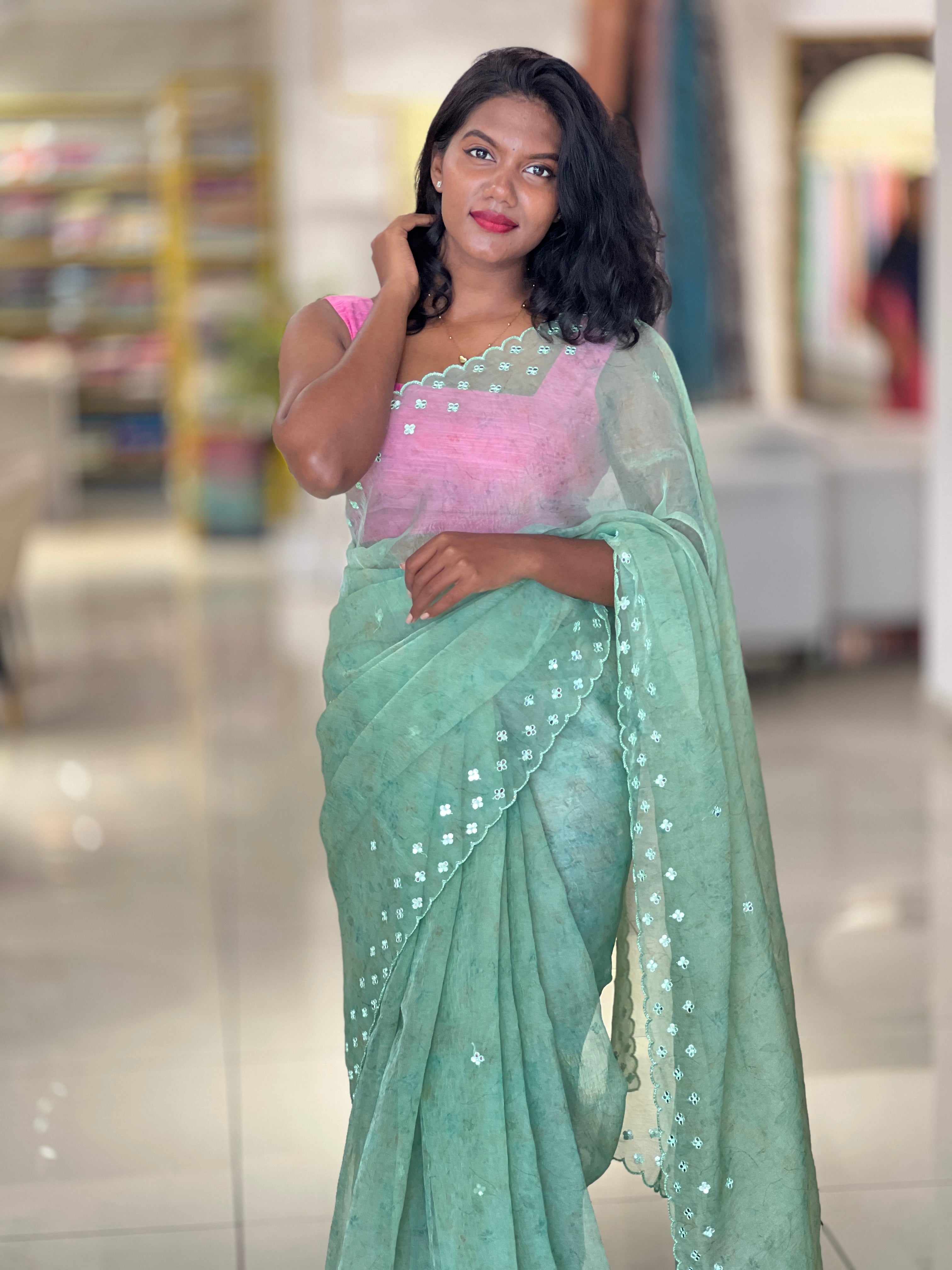 Print With Mirror Detailed Organza Saree | BLD477