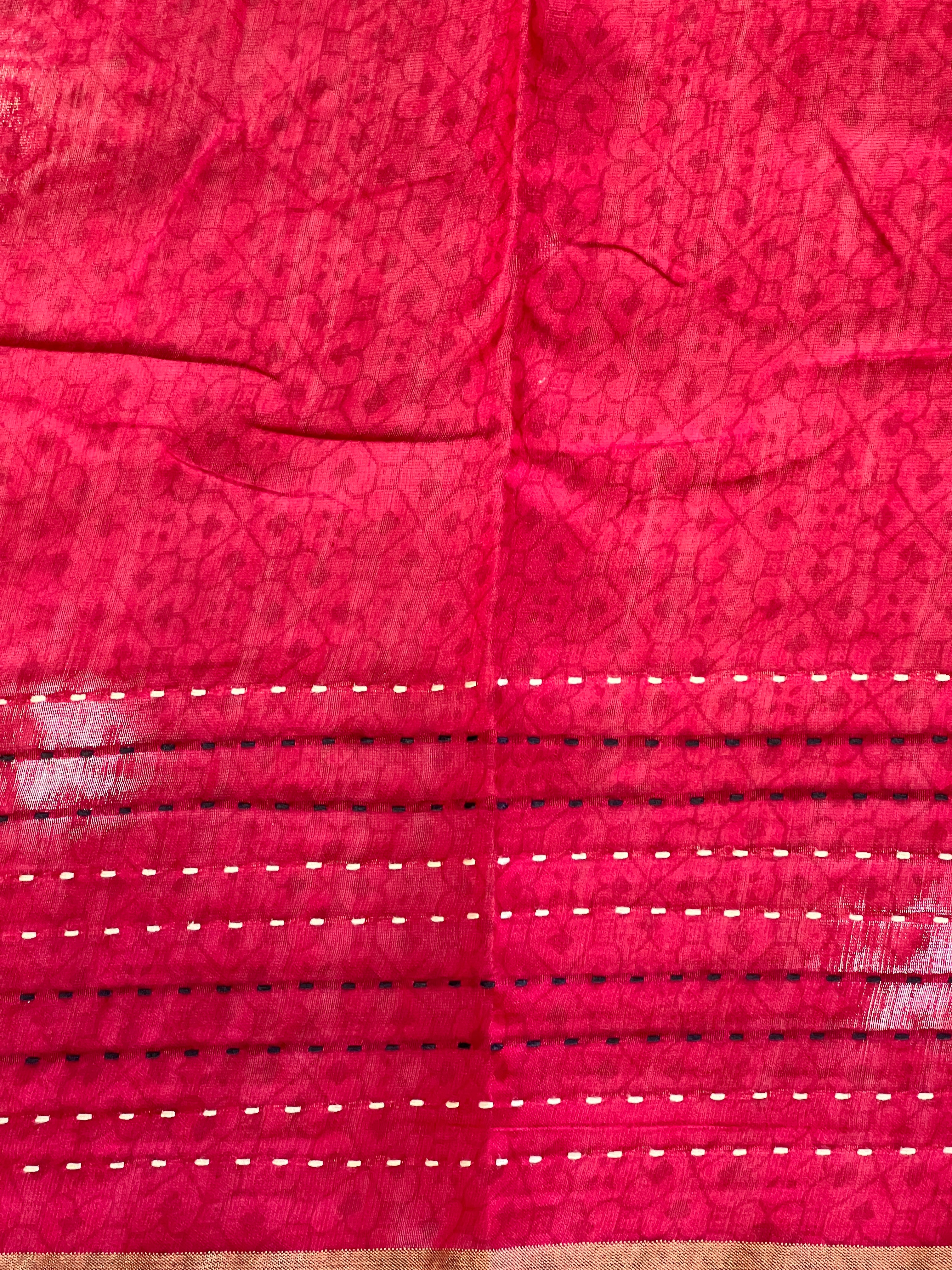 Floral Print With Kantha Border Detailed Chanderi Saree | RGD1024