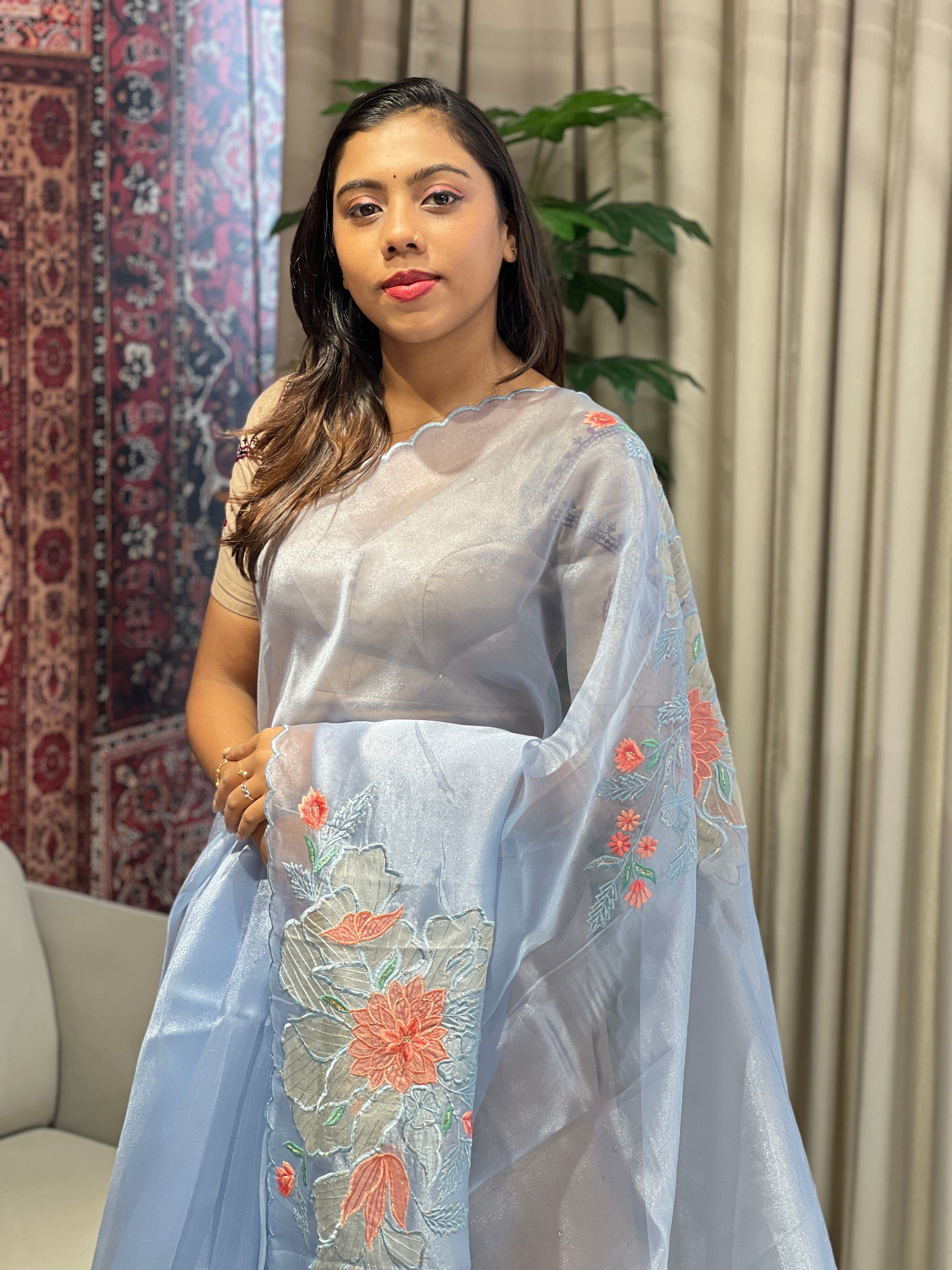 Floral Applique Detailed Shimmer Organza Saree | BLD1843