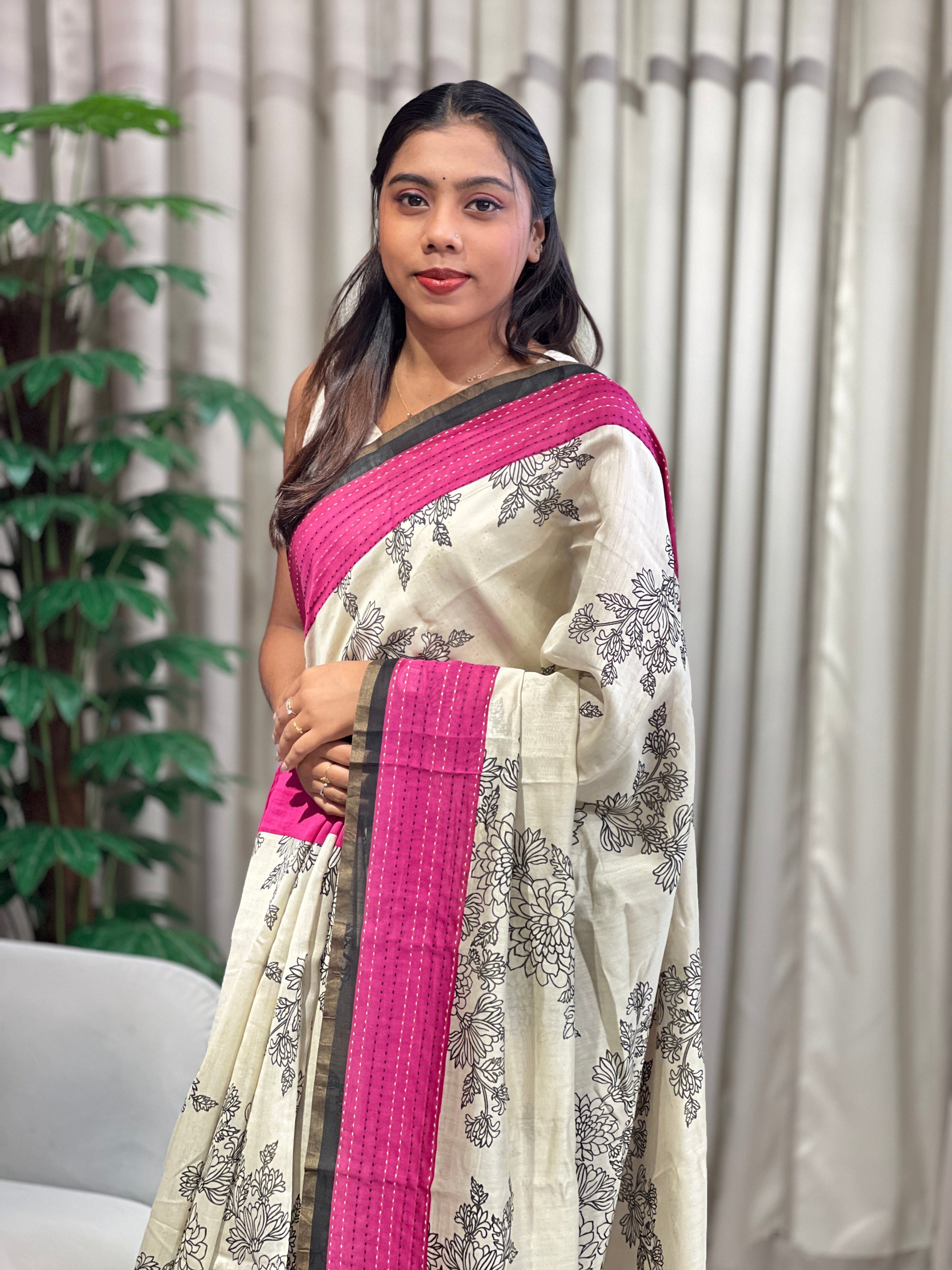 Floral Print With Kantha Border Detailed Chanderi Saree | RGD1025