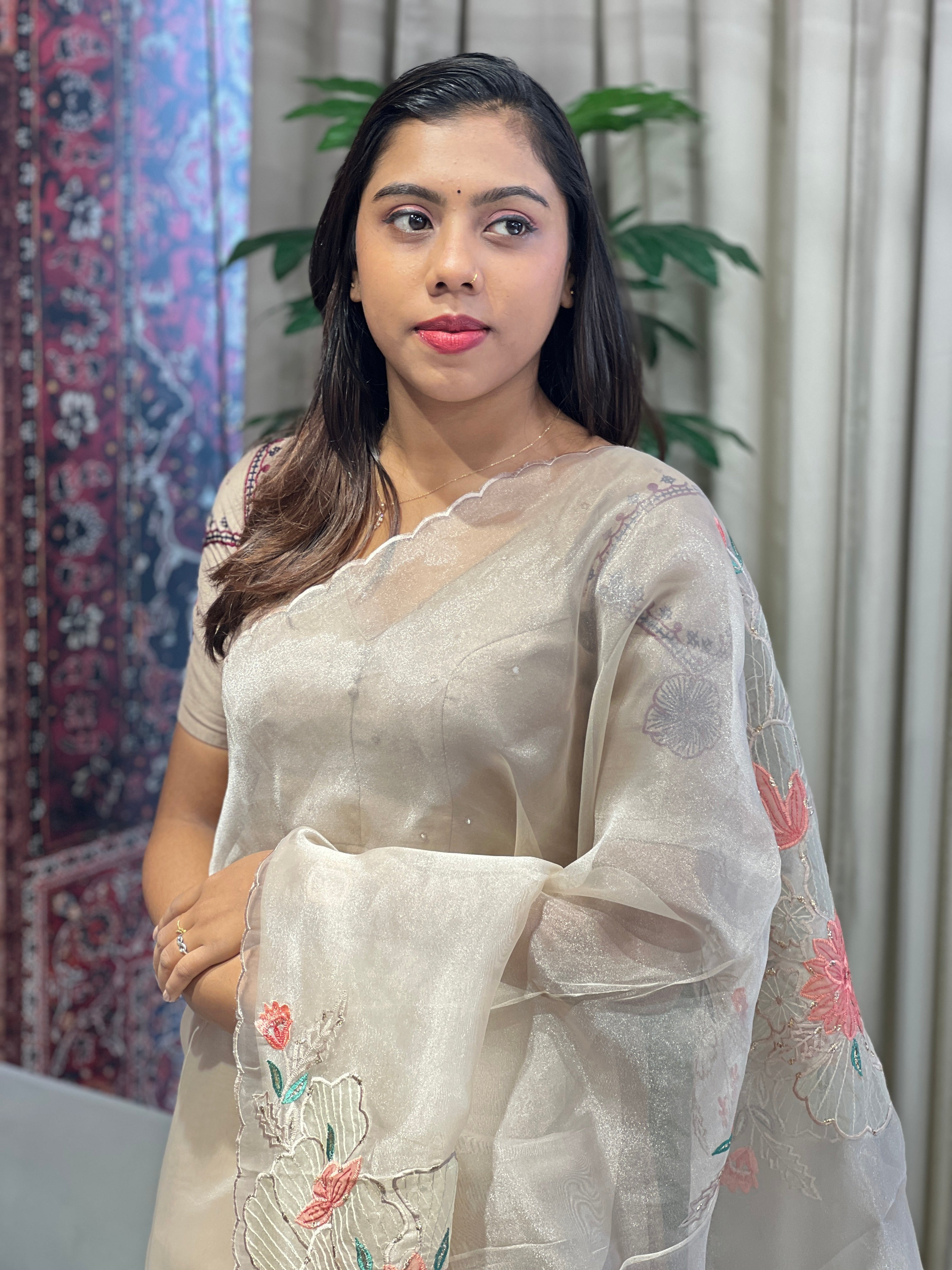 Floral Applique Detailed Shimmer Organza Saree | BLD1842