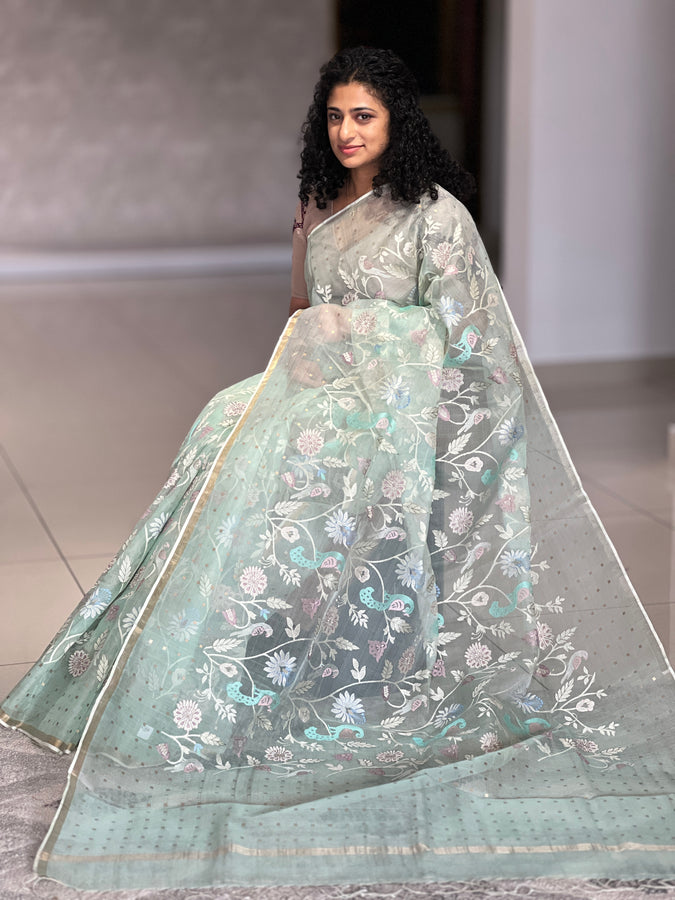 Floral Embroidered Tussar Organza Saree | RGD561