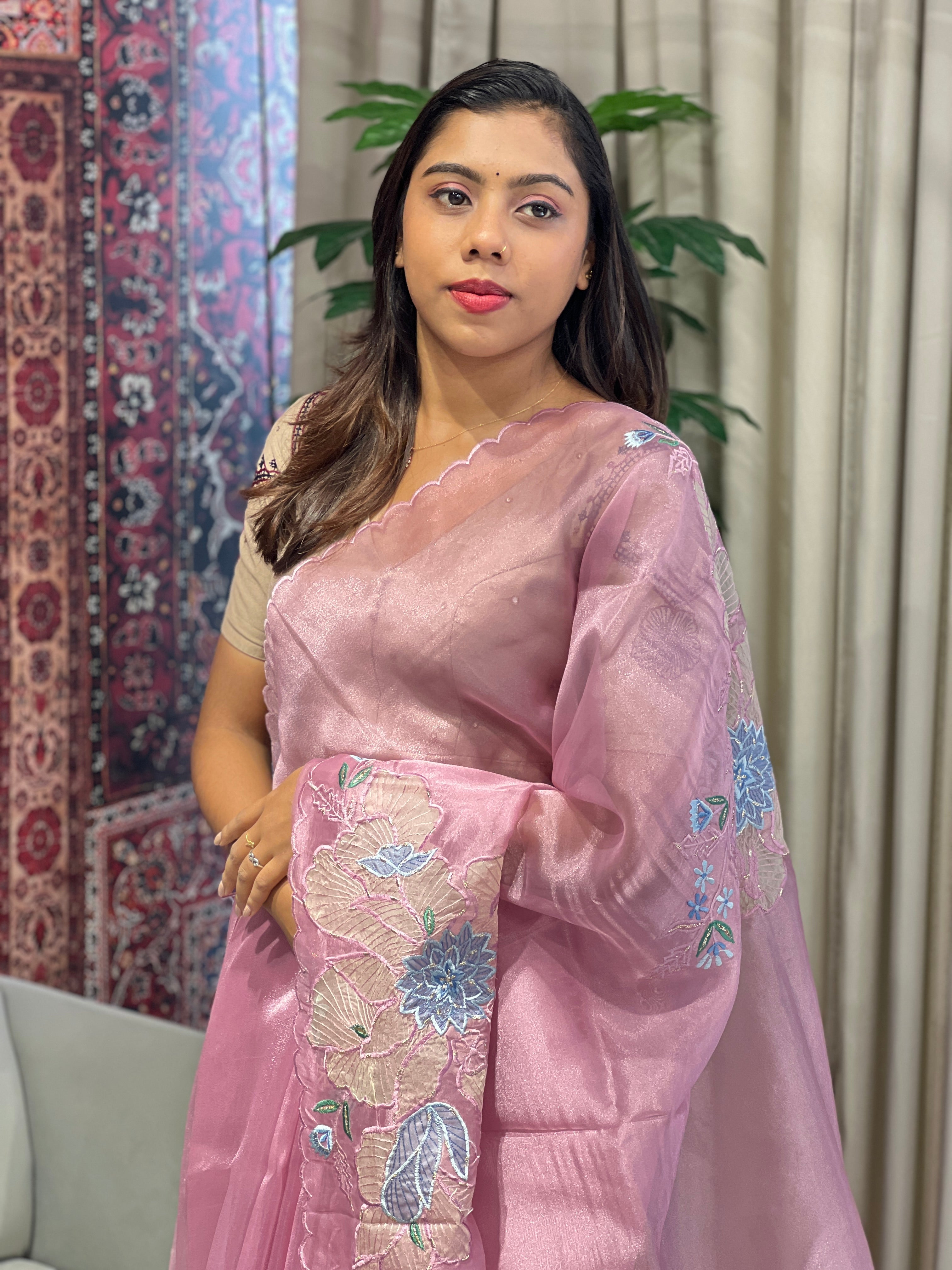 Floral Applique Detailed Shimmer Organza Saree | BLD1844